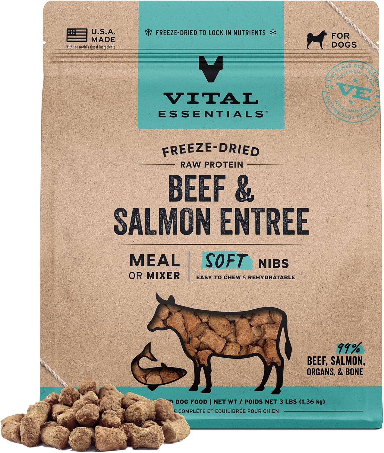 Vital Essentials Freeze-Dried Raw Beef & Salmon Meal or Mixer Dog Food Soft Nibs | 99% Beef, Salmon, Organs & Bone |3 lbs Bulk Bag