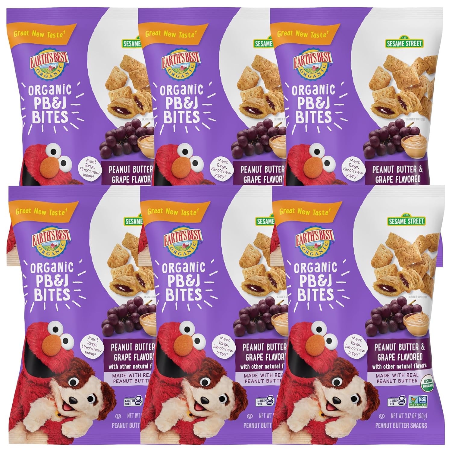 Earth's Best Organic Kids Snacks, Sesame Street Toddler Snacks, Organic PB&J Bites for Toddlers 2 Years and Older, Peanut Butter and Grape Flavored with Other Natural Flavors, 3.17 oz (Pack of 6)
