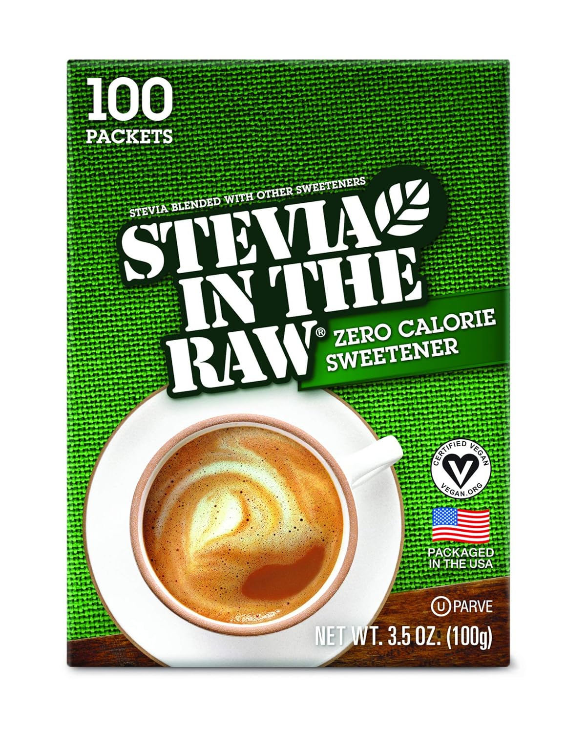 Stevia In The Raw, Plant Based Zero Calorie, No Erythritol, Sugar Substitute, Sugar-Free Sweetener for Coffee, Hot & Cold Drinks, Suitable For Diabetics, Vegan, Gluten-Free, 100Count Packets (1 Pack)