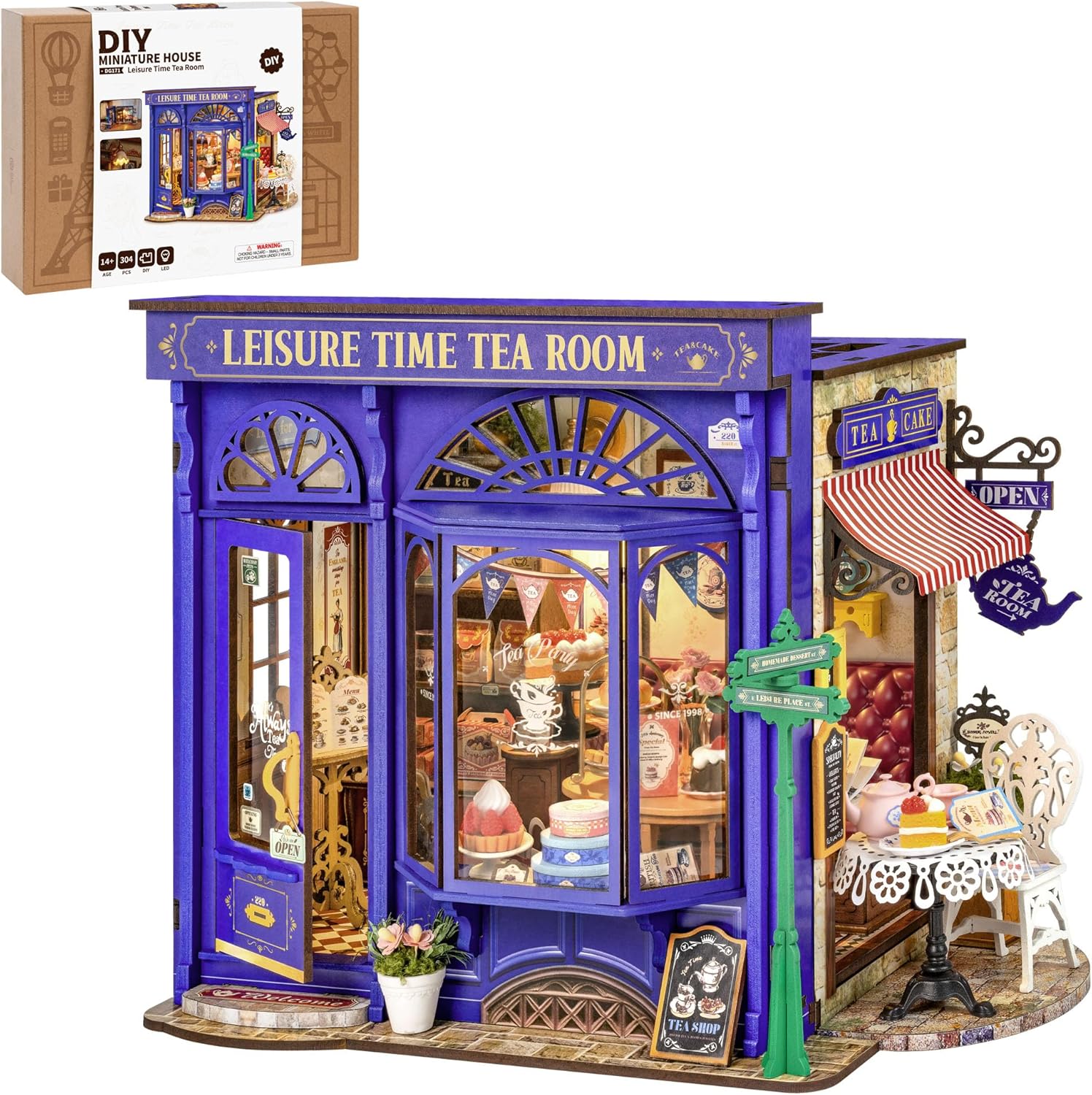 ROBOTIME DIY Miniature House Kit, Bakery Diorama House, Tiny House Kit for Adults, Mini Dollhouse Kit with Furniture Birthday Christmas Craft Hobbies Gift for Family/Friends (Leisure Time Tea Room)