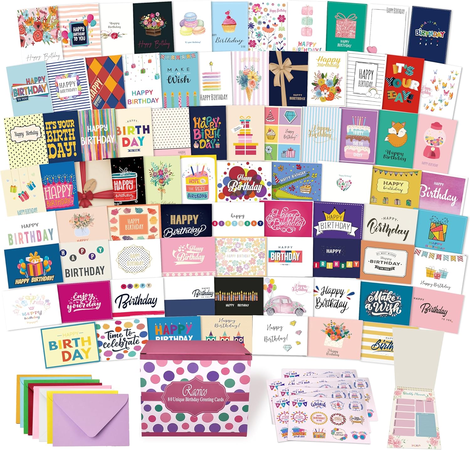 80 Unique Birthday Cards- Happy Birthday Cards Bulk With Greetings Inside – Assorted Envelopes and Stickers -Large 5 x 7 inches- Greeting Box Set