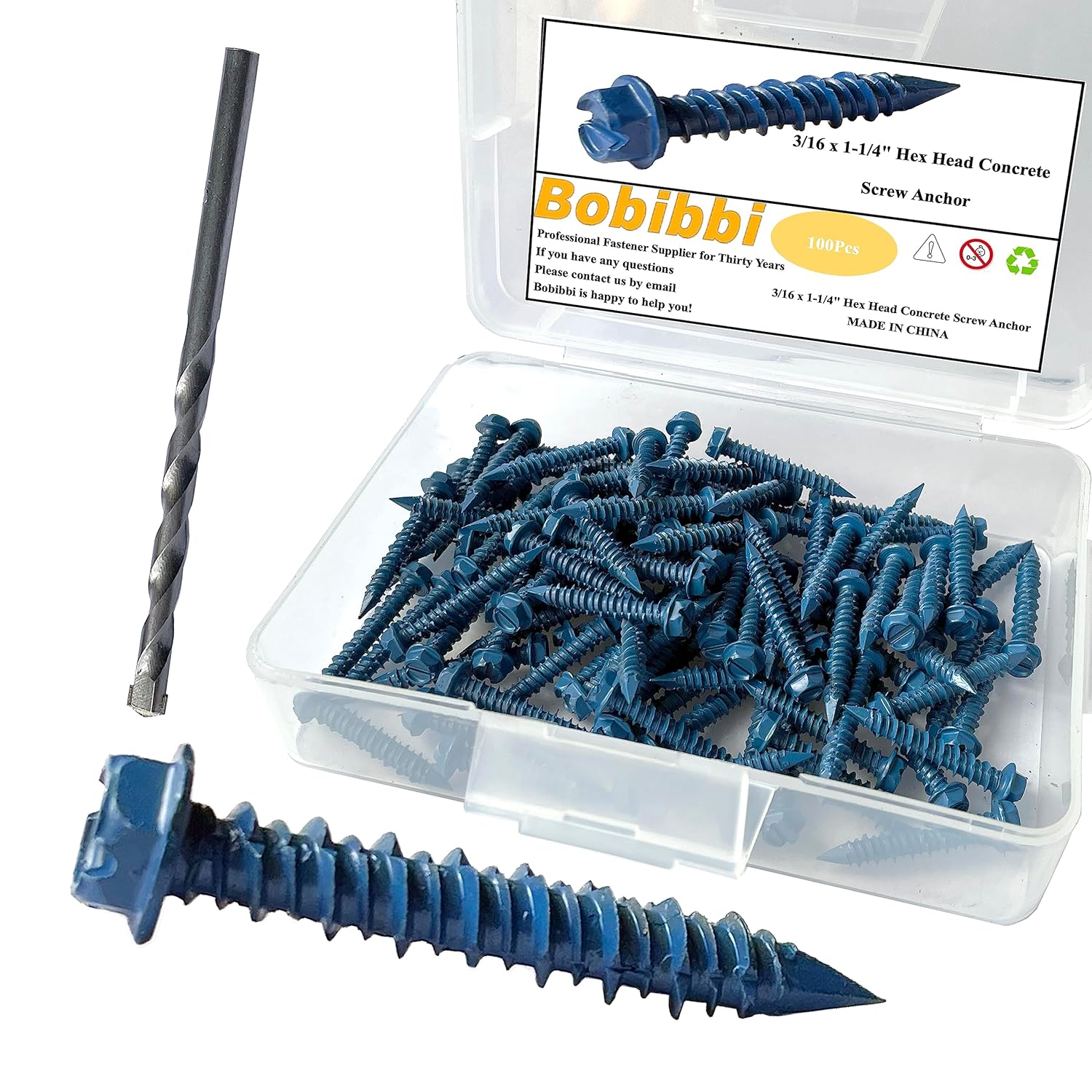 3/16 x 1-1/4" Hex Head Concrete Screw Anchor, for Anchoring to Masonry, Block or Brick (100Pcs)