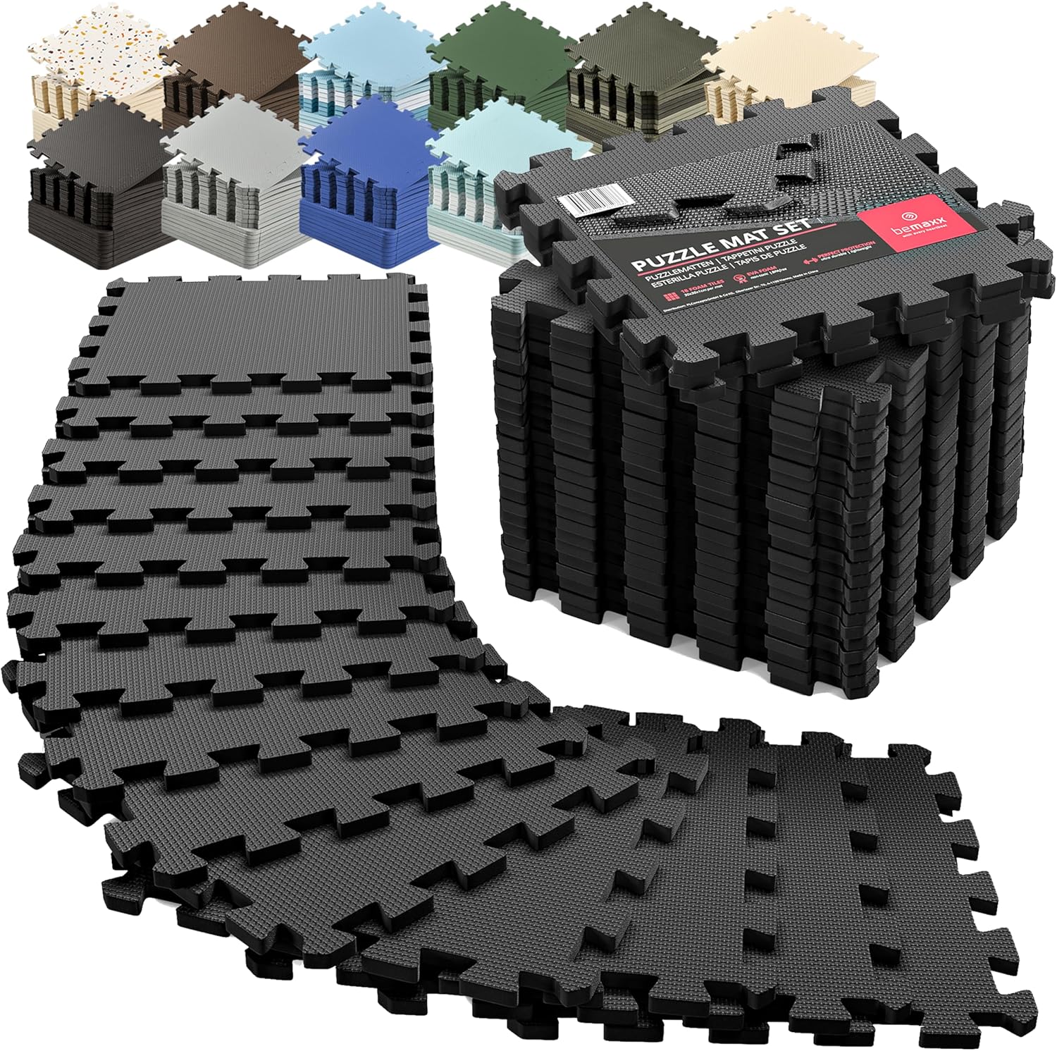 bemaxx Gym Mats Set - 18 pcs EVA Interlocking Foam Floor Tiles (12.6"x12.6"x0.4") 18sqft Protective Gym Flooring Sports Home Workout Exercise Mats Puzzle Garage Fitness Play-Room Pool Treadmill Bike