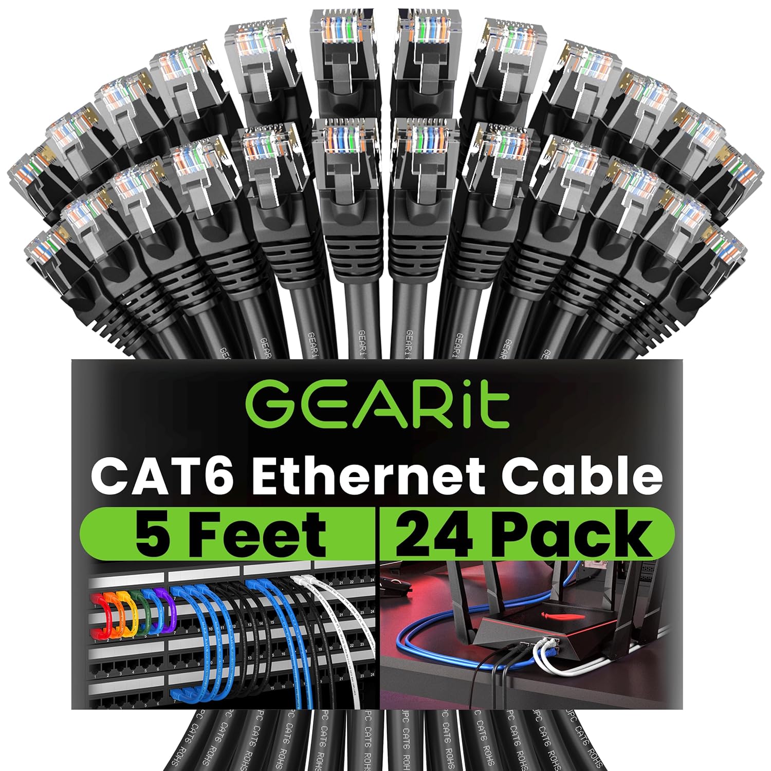 GearIT Cat 6 Ethernet Cable 5 ft (24-Pack) - Cat6 Patch Cable, Cat 6 Patch Cable, Cat6 Cable, Cat 6 Cable, Cat6 Ethernet Cable, Network Cable, Internet Cable - Black 5 Feet