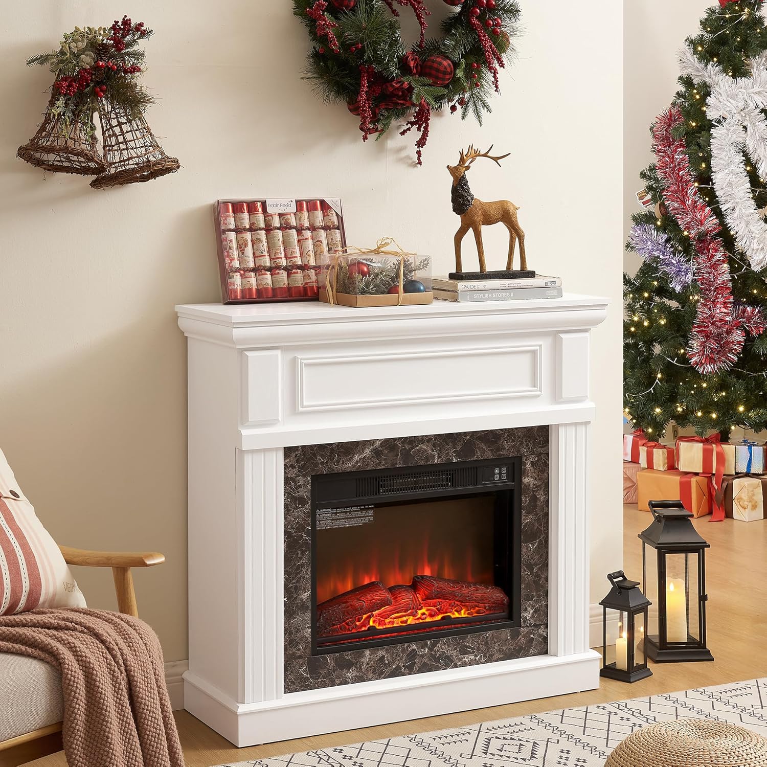 41" Electric Fireplace with Mantel, Freestanding TV Stand w/ 23" Fireplace Insert, 1400W Electric Fireplace Heater, Realistic Stacked Stone Surround & 3D Analog Flamefor Living Room(White)