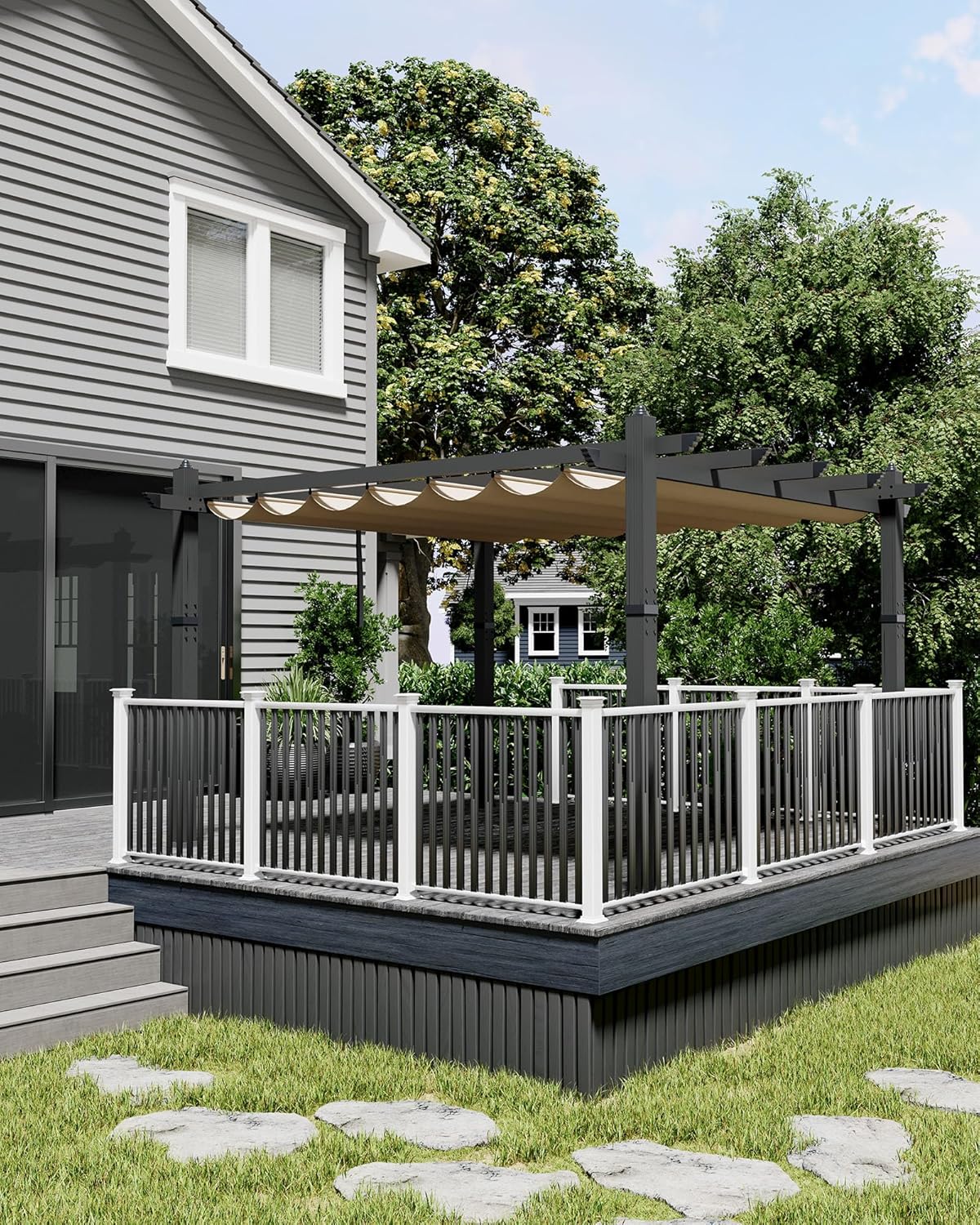 KYBOLT 10x13 Ft Aluminum Pergola with Retractable Canopy Metal Gazebo for Garden Modern Backyard Deck Grape Trellis(Khaki)