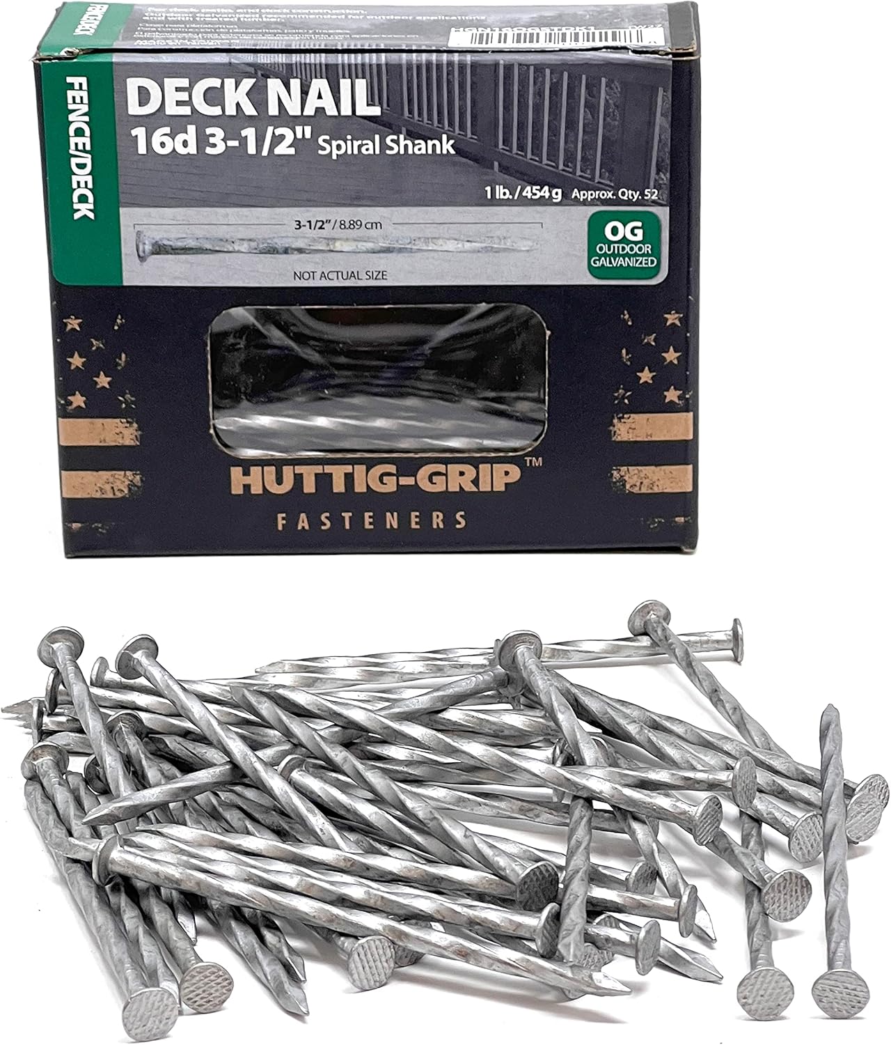 Huttig-Grip Fence Deck Nails 3-1/2 inches 16d for Wood Decking HGN16OGSTDK1 Spiral Shank Outdoor Galvanized Finish, 1 lb Pack of 52 Nails, Silver