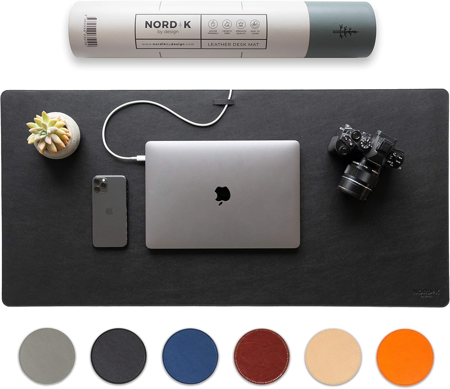 Nordik Leather Desk Mat Cable Organiser (Pebble Black 89 X 43 cm) Premium Extended Mouse Mat for Home Office Accessories - Felt Vegan Large Leather Desk Pad Protector & Desk Blotter Pads Mats