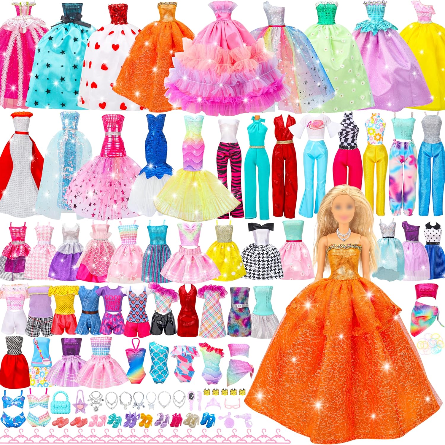 90 Pcs Doll Clothes and Accessories,2 Wedding Gowns 2 Evening Dresses 6 Fashion Dresses 4 Set Casual Outfit Top and Pant 2 Swimsuit,20 Hanger 10 Shoe 41 Accessories Toys for Girls Kid Gift