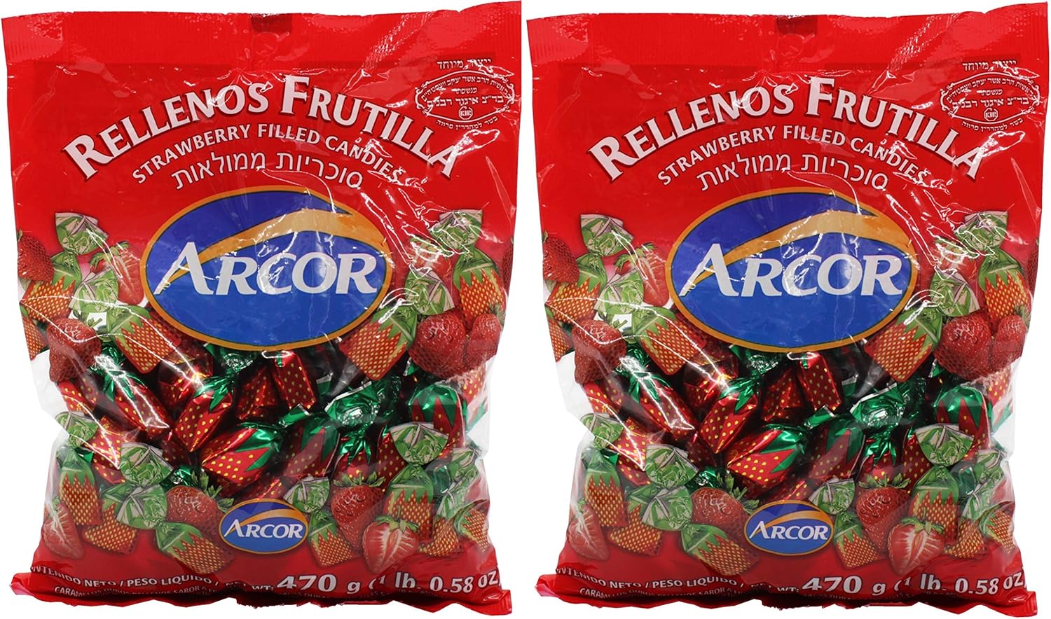 Arcor Kosher Juice Filled Strawberry Hard Candy 470-gram Bags (Pack of 2)