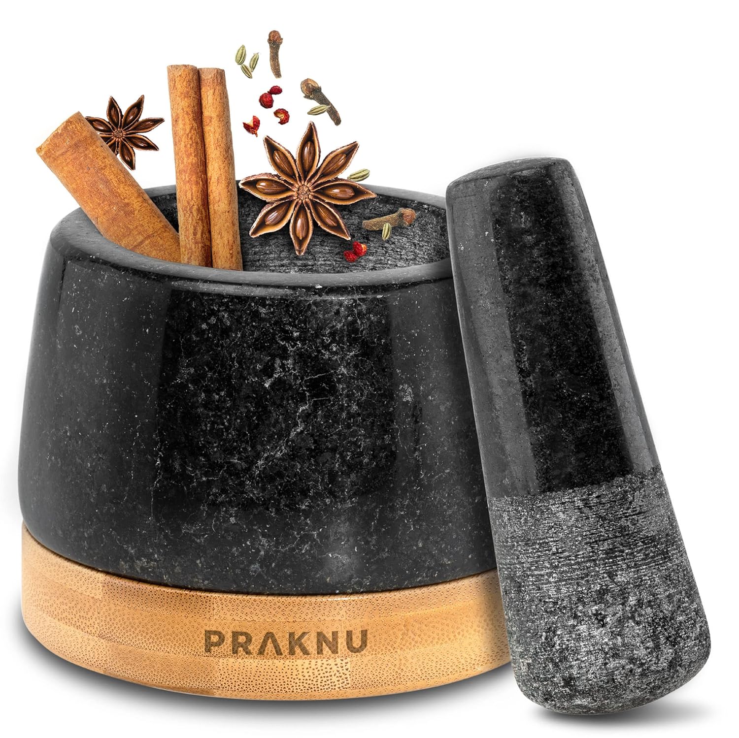 Praknu Pestle and Mortar Set Small - Solid Granite - For a Fine Grinding Result - Includes Sustainable FSC®Wooden Base - Easy to Clean