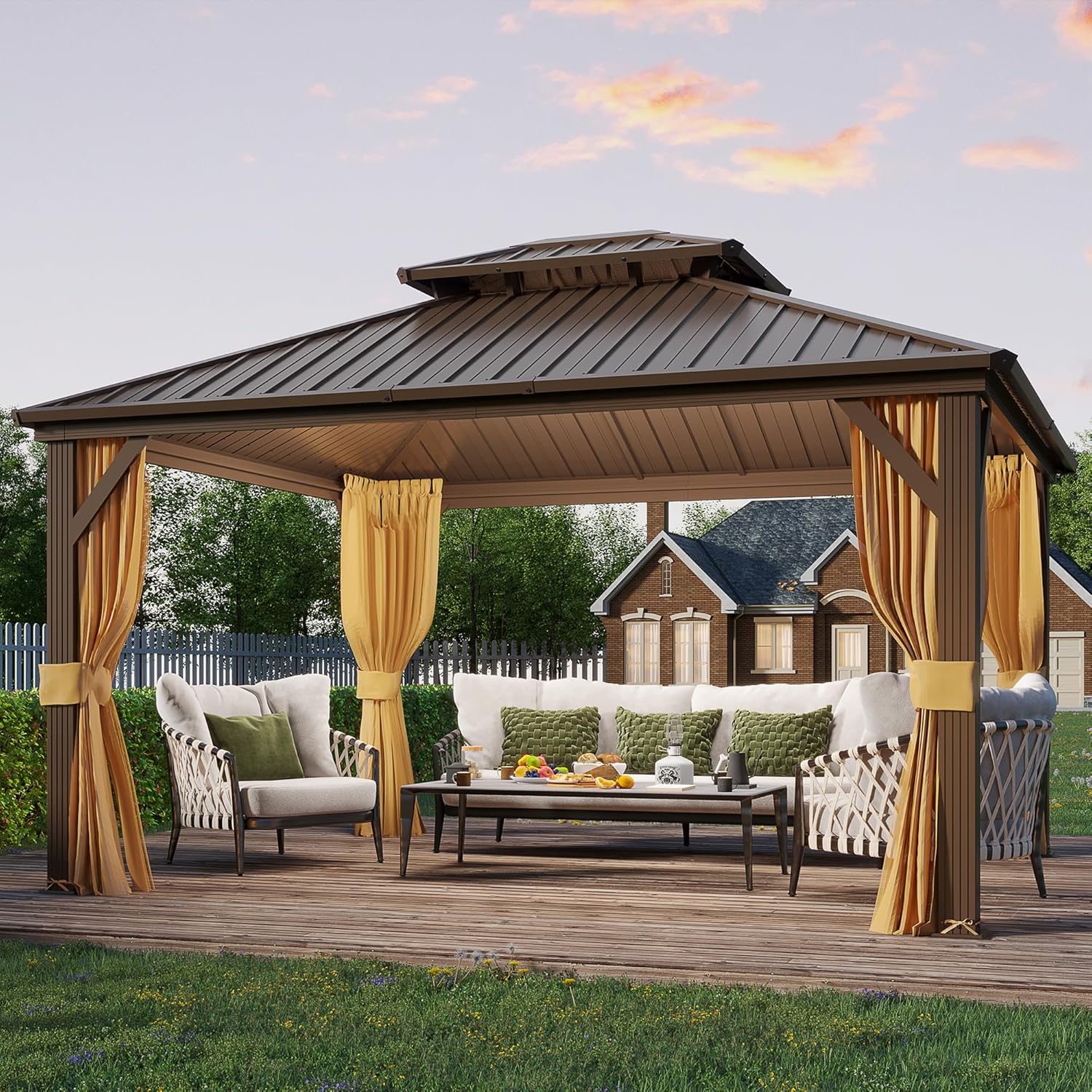 YOLENY 10' x 12' Hardtop Gazebo, Metal Gazebo with Aluminum Frame, Double Galvanized Steel Roof, Curtains and Netting Included, Pergolas for Patios, Garden, Parties, Lawns