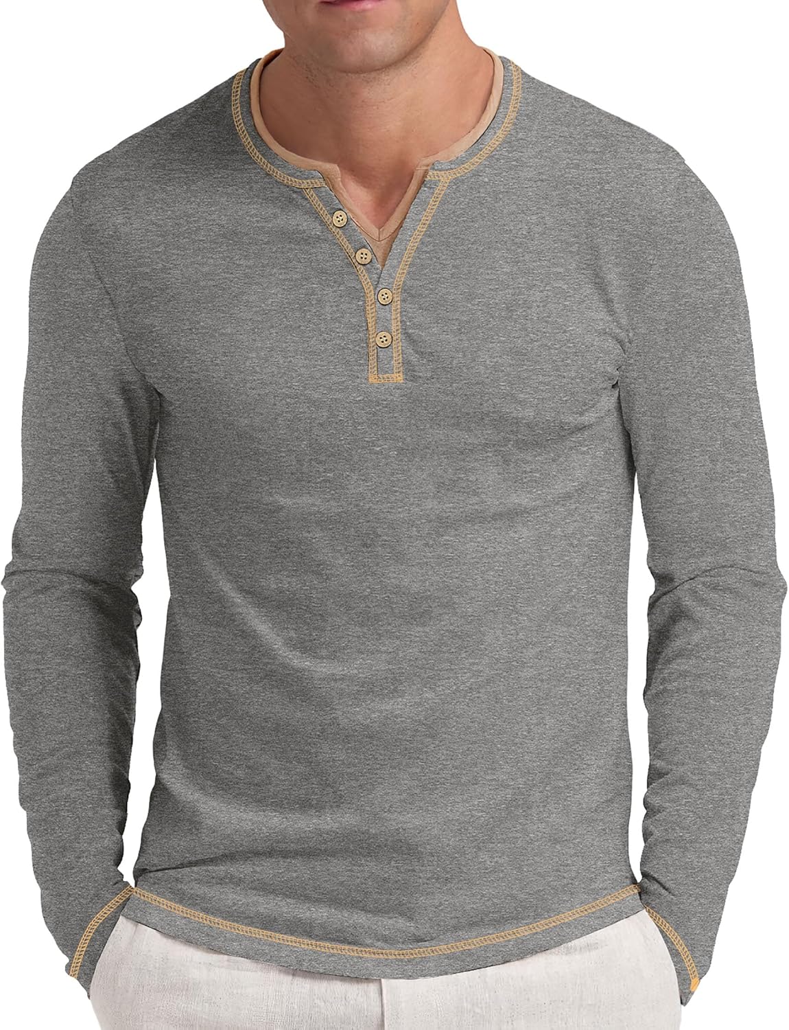 Aimeilgot Mens Henley Long Sleeve Shirts Front Placket Casual T-Shirts Washed Soft Classic Tee