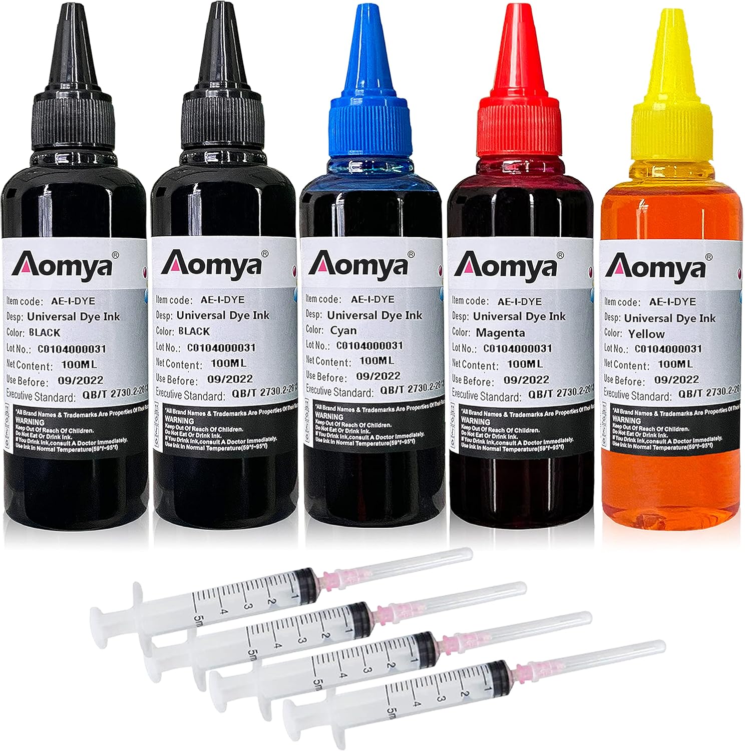 Aomya 500ml Universal Dye Ink Refill Kit for HP Canon Epsn Brother Lexmark Printers Compatible Cartridges Refillable Cartridge CISS CIS System 4 Color Set with 4 Free Syringes (2BK, C, M, Y)