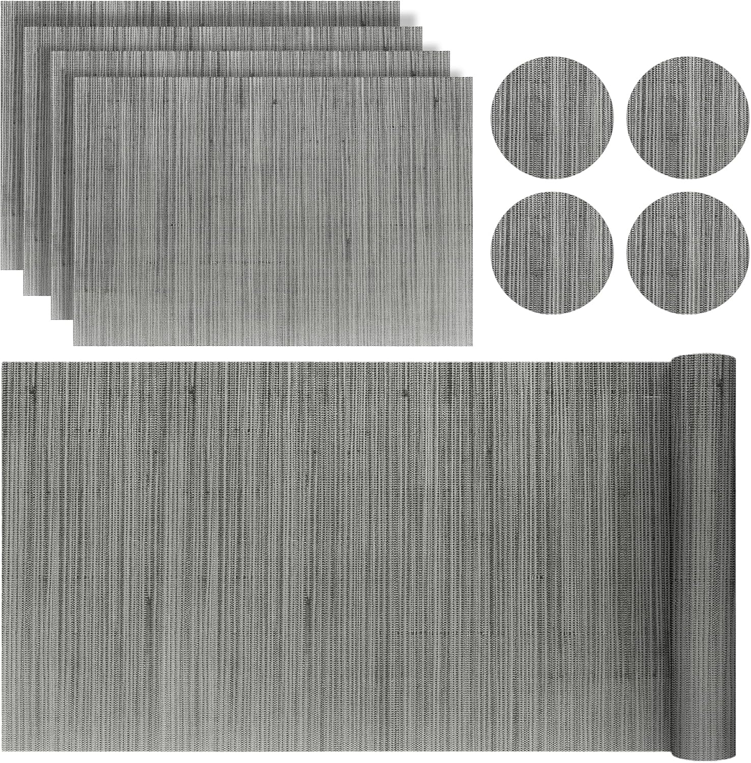 ZENO Placemats Table Mats | 9 Piece Set with 4 x Placemats + 4 x Coasters + 1 x Long Table Mat | Resistant Anti Slip Table Place Mats and Coaster Sets for Home | Restaurant | Grey
