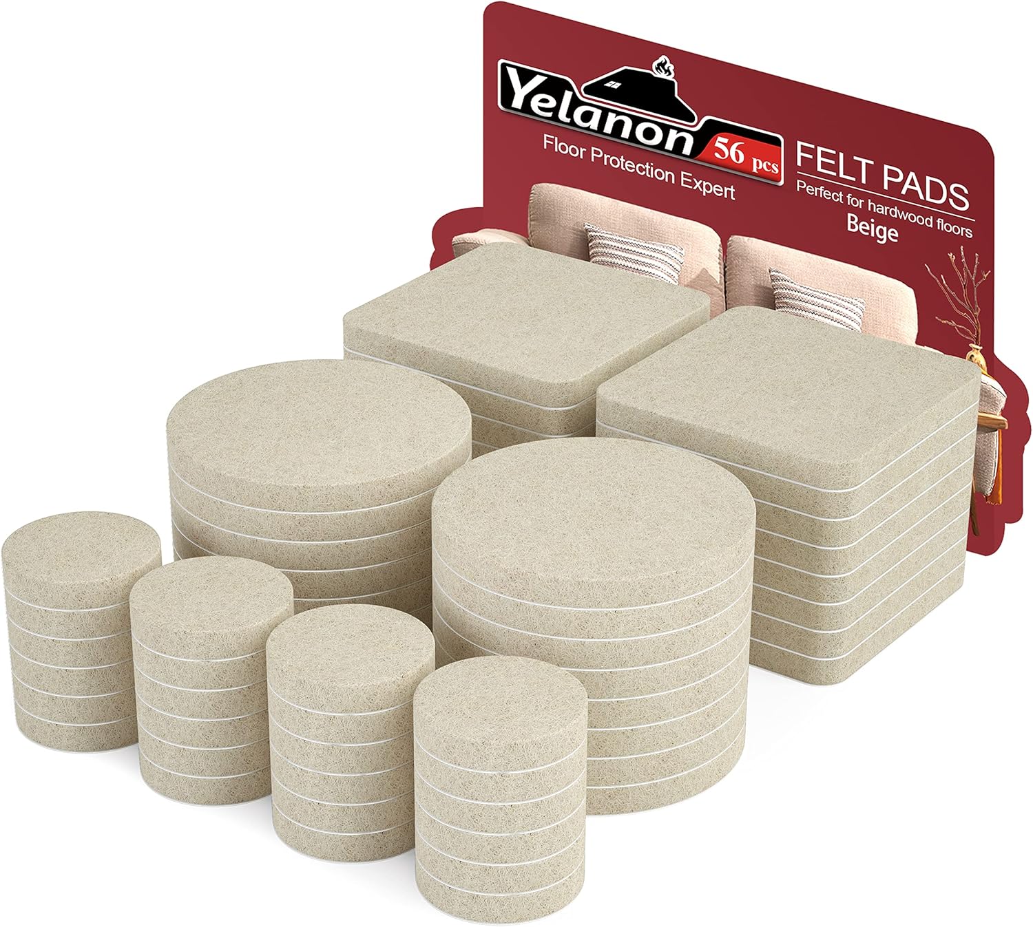 Yelanon Felt Furniture Pads 56Pcs(25+50) mm Furniture Pads Self Adhesive, Felt Chair Pads, Anti Scratch Floor Protectors for Furniture Feet Chair Legs, Furniture Felt Pads for Hardwoods Floors, Beige