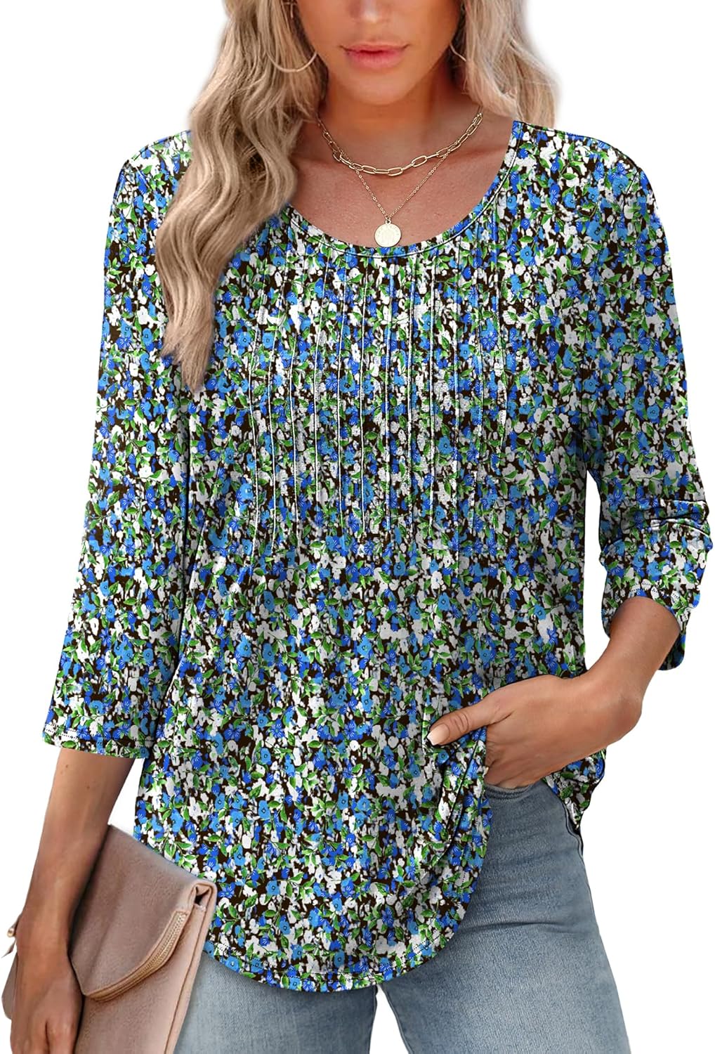 XIEERDUO 3/4 Length Sleeve Tops for Women 2025 Crewneck Casual Pleated Tunic Tops Loose Fit Shirts Blouses