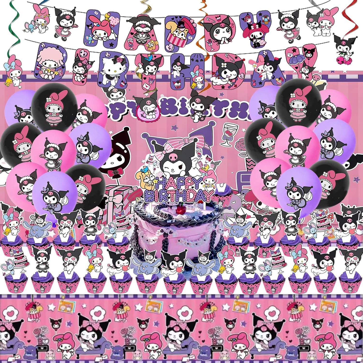 NlsqUK 52 Pcs Cute Kuromi Birthday Decoration, Sanrio Birthday Decorations Including Kuromi Cake Topper Balloons Banner Tablecloth Backdrop Hanging Swirls, Party Supplies for Girls Fans