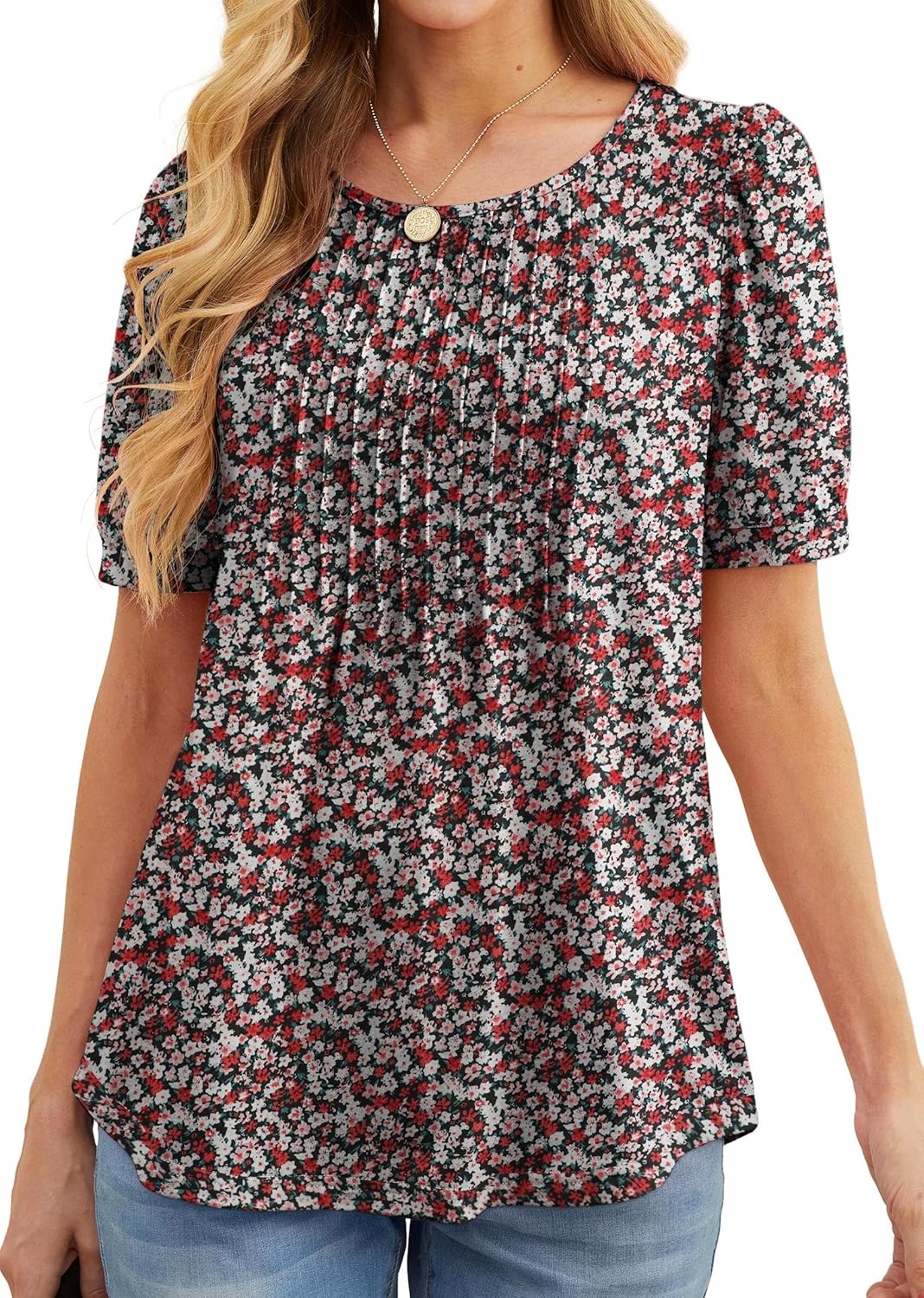 GRECERELLE Womens Summer Tops Casual Dressy Soft Short Sleeve Tunic Front Pleated Spring Crew Neck Tees T-Shirts Loose Blouse for Ladies