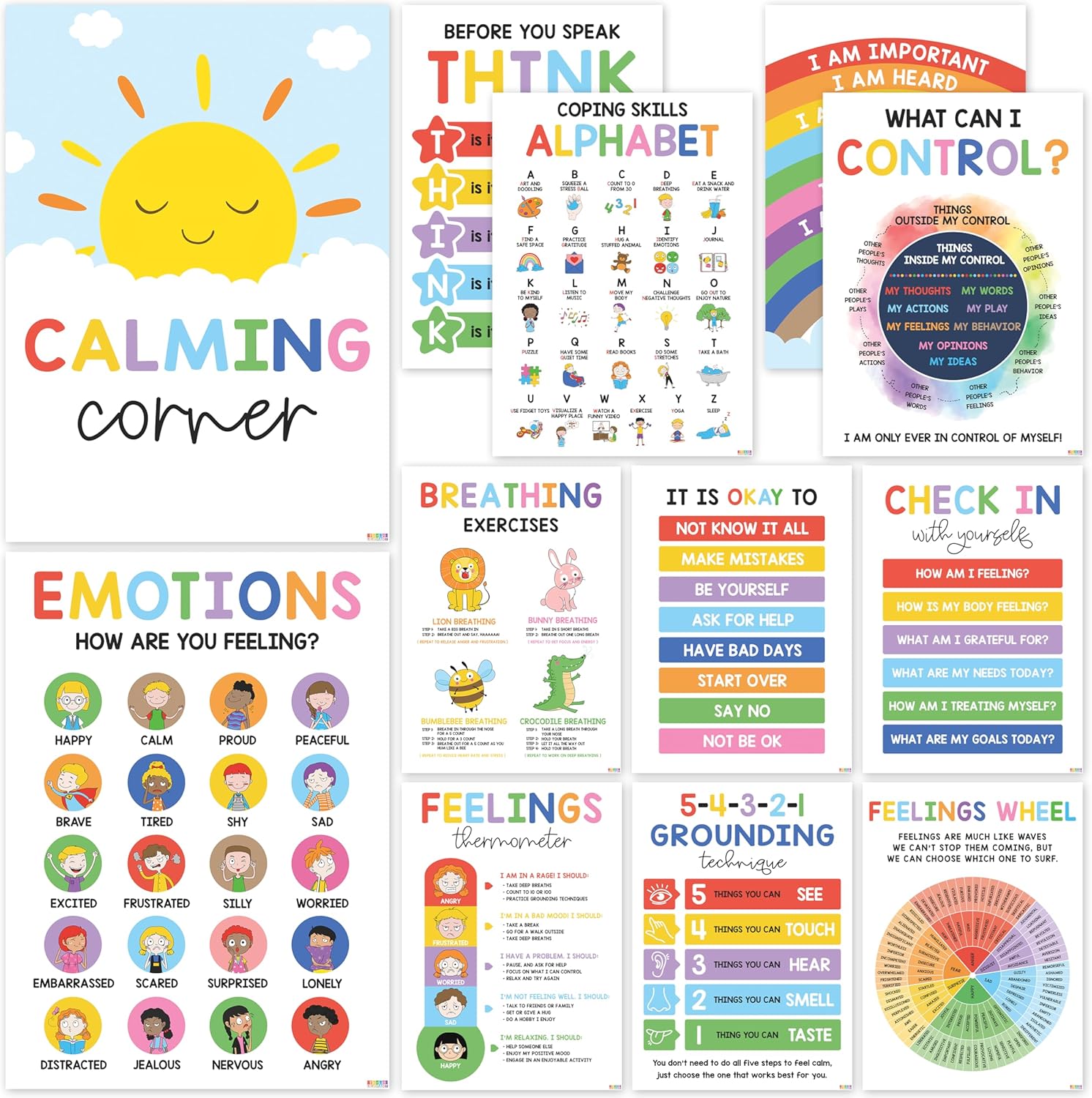 12 Calming Corner Classroom Posters (10x14) - Feelings Wheel Chart & Emotions Poster For Kids, Calm Down Corner Supplies For Therapy Office Decor, Mental Health Wall Decorations For Preschool