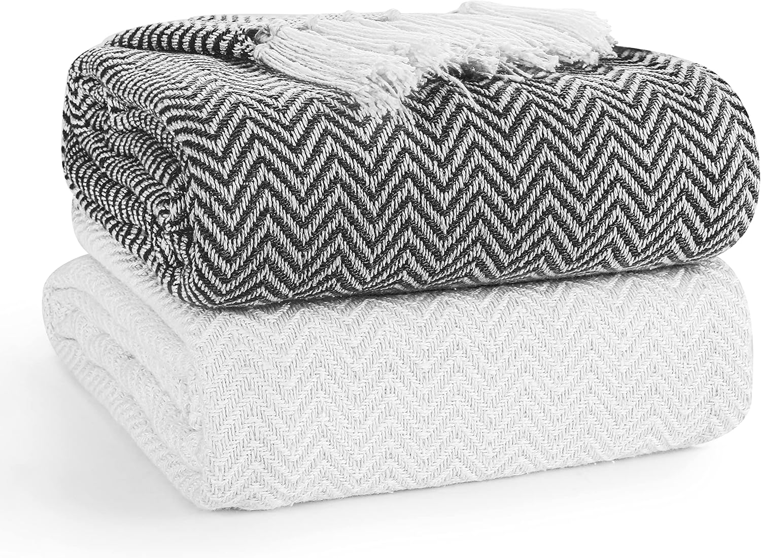 EHC PAIR Pack Chevron Cotton Throws for Sofa, Chair Blanket 127 x 152cm (Pack of 2) - Ivory/Black