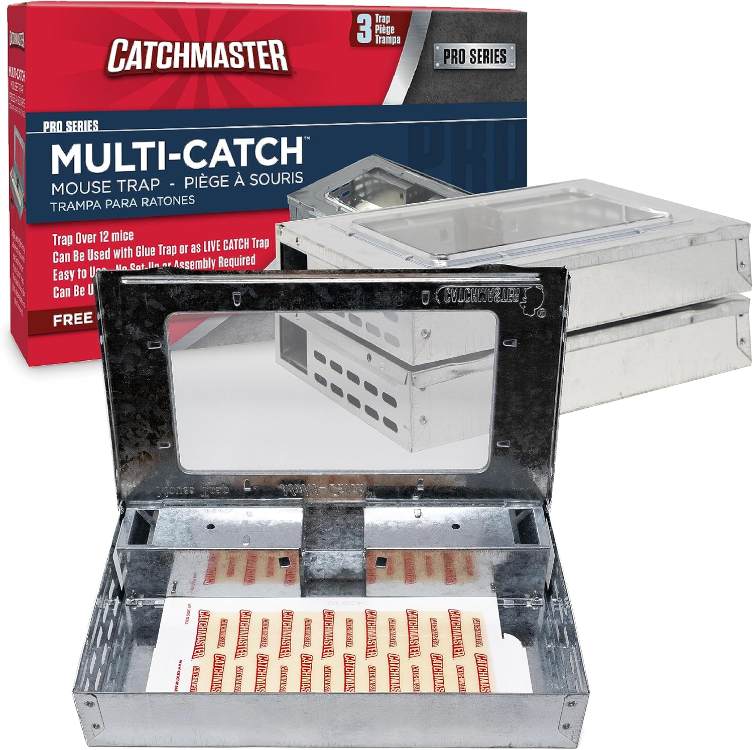 Catchmaster Pro Series Multi-Catch Mouse Trap 3-Pack, Humane Mouse Traps Indoor for Home, Includes Replaceable Glue Boards, Pet Safe Pest Control, Live Catch for Garage & Shed