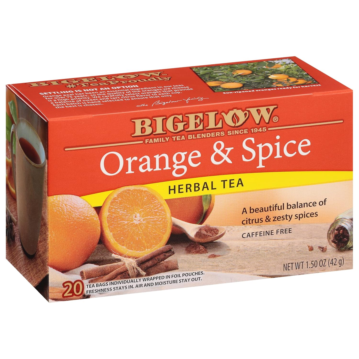 Bigelow Tea Orange & Spice Herbal Tea, Caffeine Free Tea with Orange and Herbs, 20 Count Box (Pack of 6), 120 Total Tea Bags