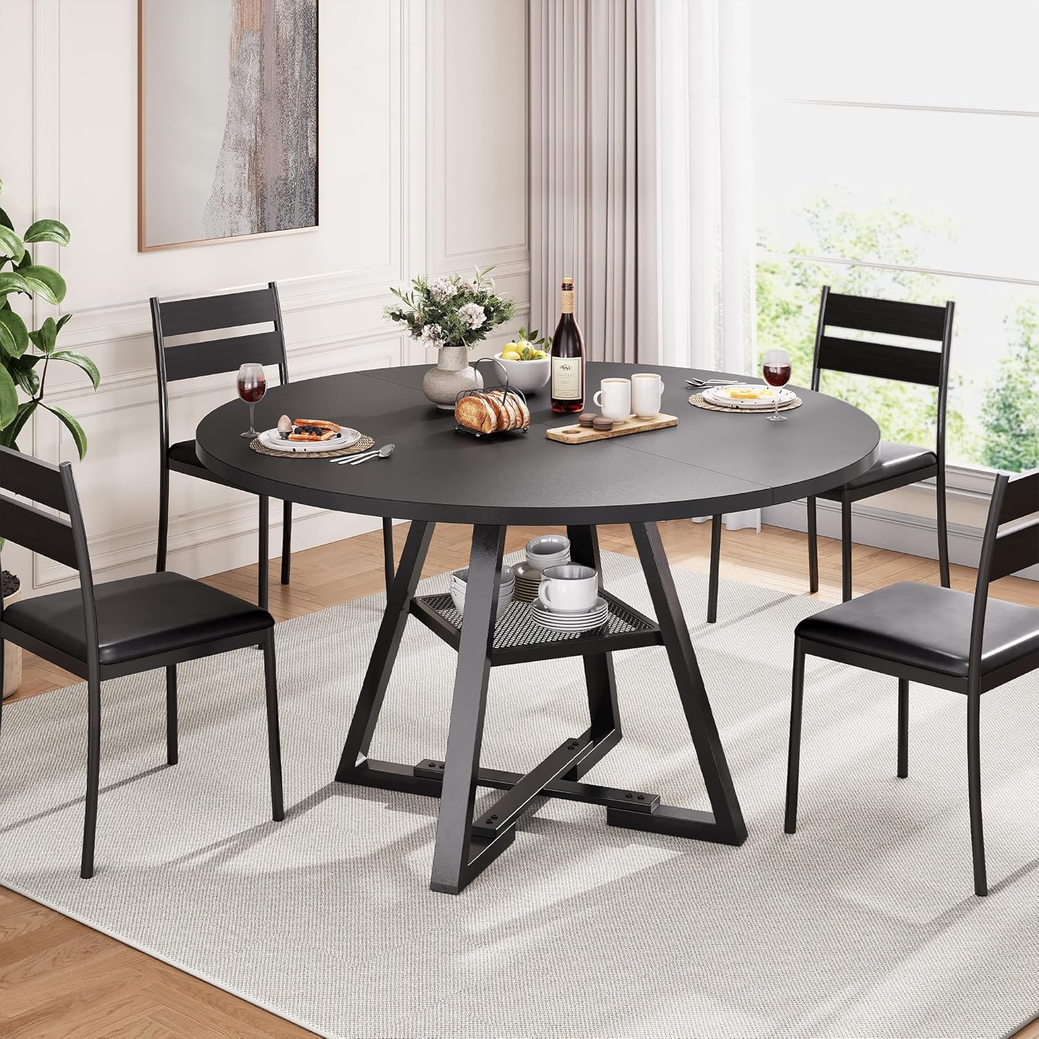 Round Dining Table for 2-4 People, Circle Dinner Table with Shelves, Space Saving Wood Kitchen & Dining Room Furniture (Black, 42 inch