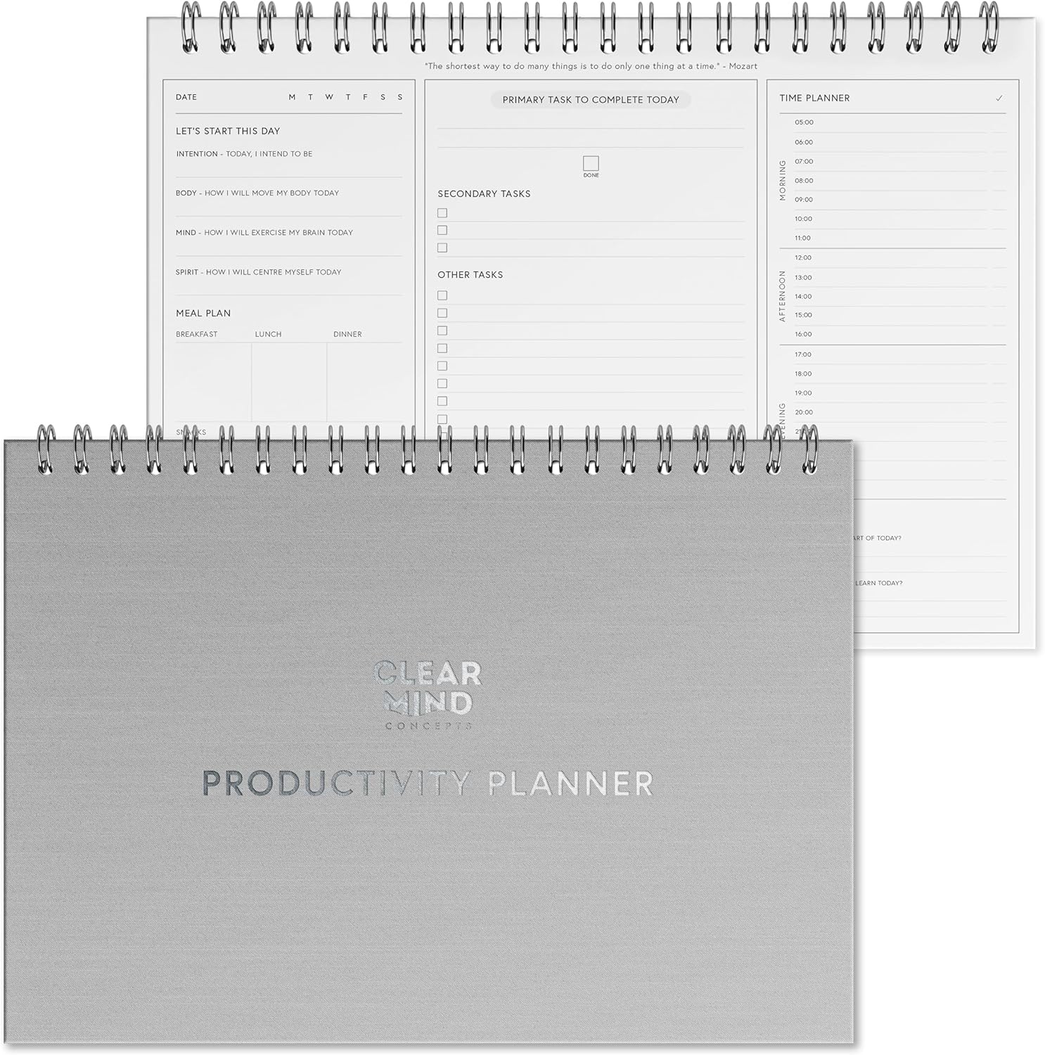 Daily Productivity Planner by Clear Mind Concepts® - A4 Spiral Bound, 160gsm Thick Double-Sided Pages for Mind, Body, Spirit & Time Management for 6 Months of Self Mastery (Updated Edition)