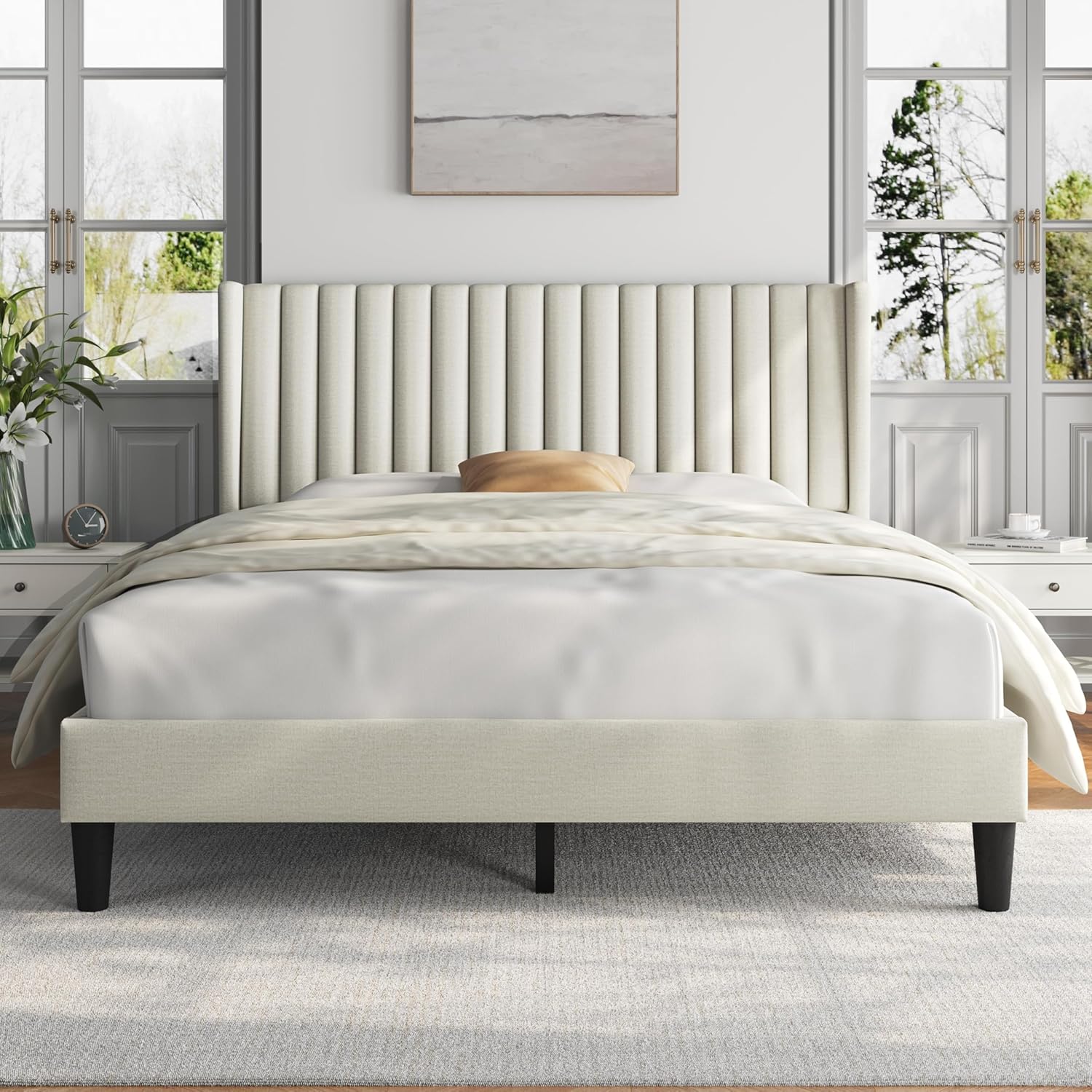 Yaheetech Queen Bed Frame Upholstered Platform Bed with Fabric Headboard, Wing Edge Design/Non-Slip and Noise-Free/Wooden Slats Support/No Box Spring Needed/Easy Assembly, Beige Queen Bed