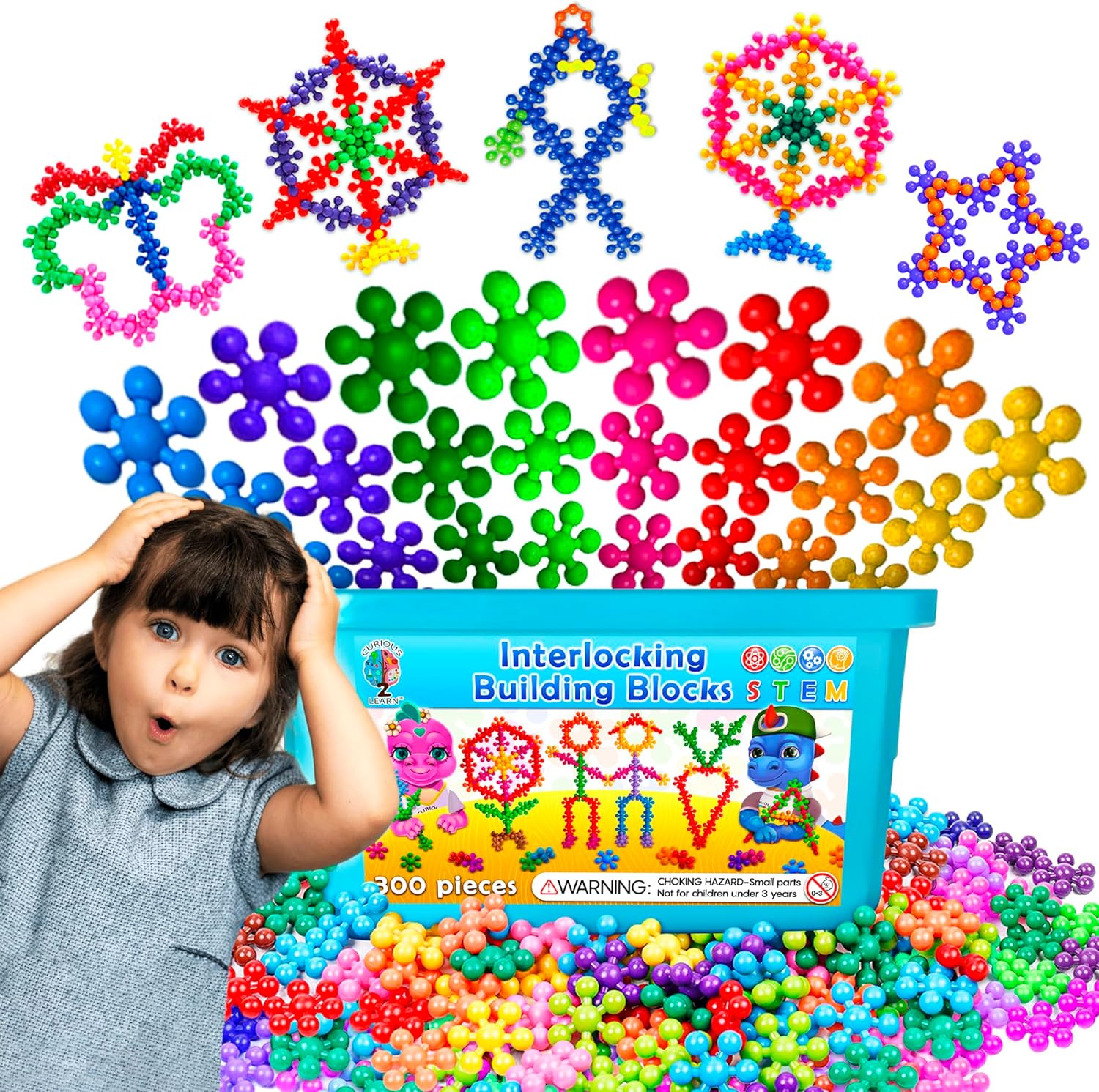 Curious 2 Learn 300 Pieces Building Blocks- Kids STEM Educational Building Toys- Discs Sets Interlocking, Solid Plastic for Preschool Kids Boys and Girls Aged 3+, Creativity Toys