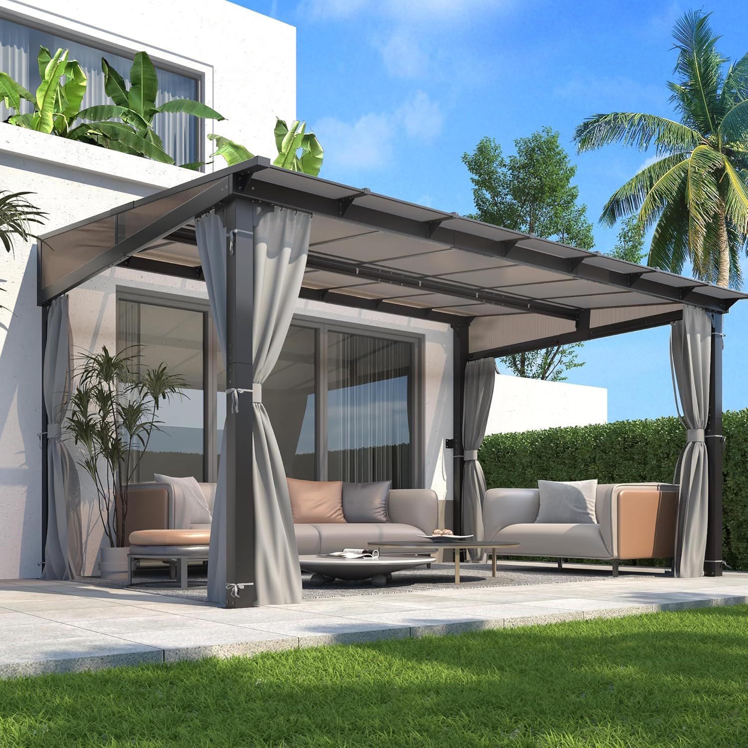 GARTOO 10’ x 13’ Gazebo for Patio - Aluminum Lean to Gazebos Pergola with Sloping Roof, Outdoor Wall-Mounted Canopy Awnings to House for Patio, Garden, Lawn, Backyard Deck