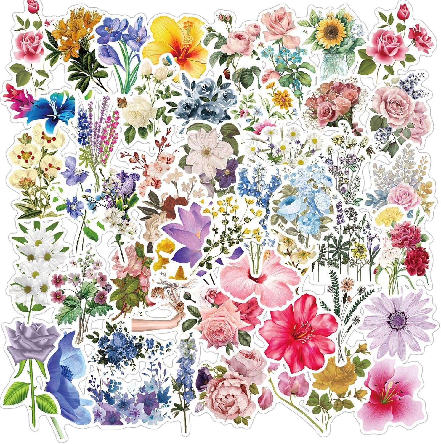 50 Pcs Flower Stickers Waterprof Vinyl Sticker Packs for Kindle Laptop Water Bottle Hard Hat Guitar