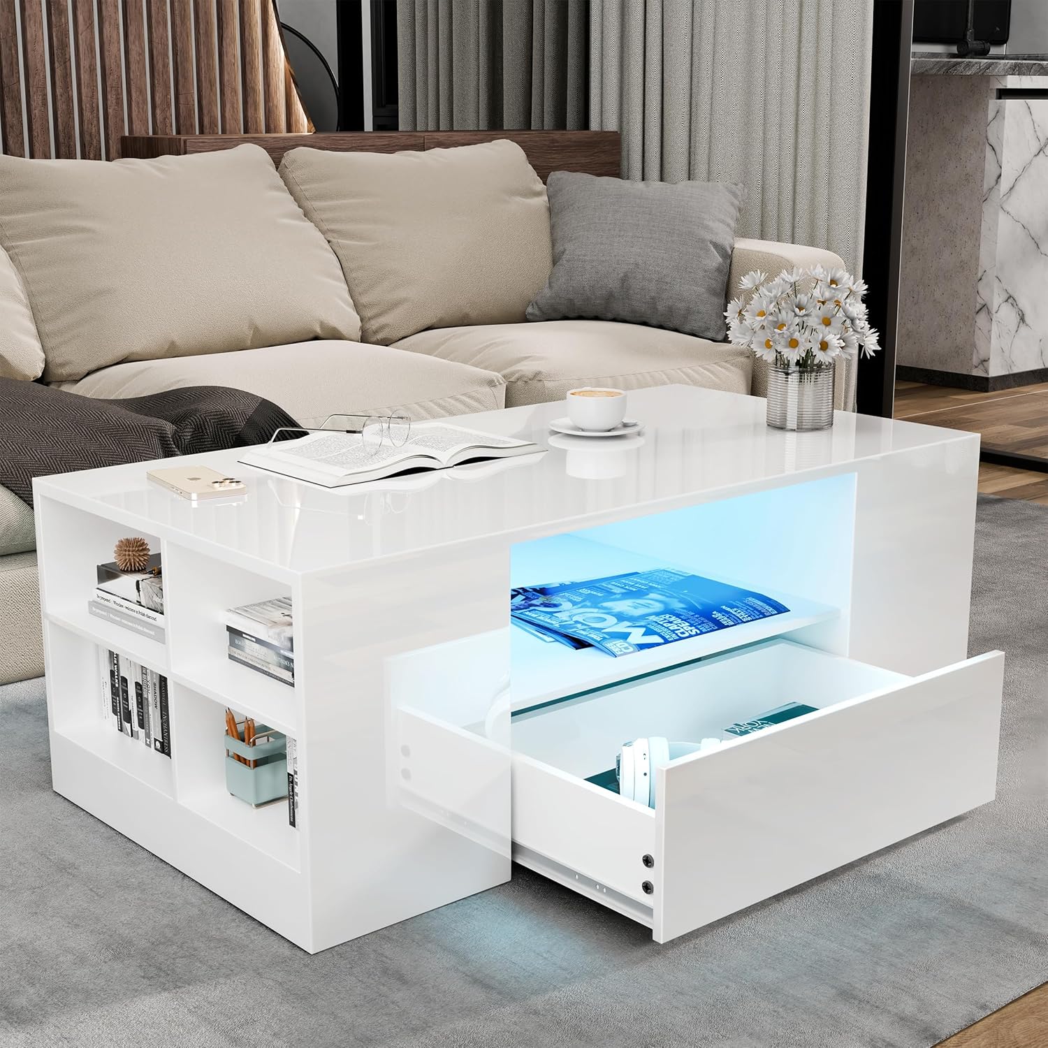 Blisswood Led Coffee Table with 2 Drawer Storage, High Gloss Coffee Table for Living Room Wooden Centre Table with RGB Led Lights Rectangle Tea Table for Living Room Furniture, White