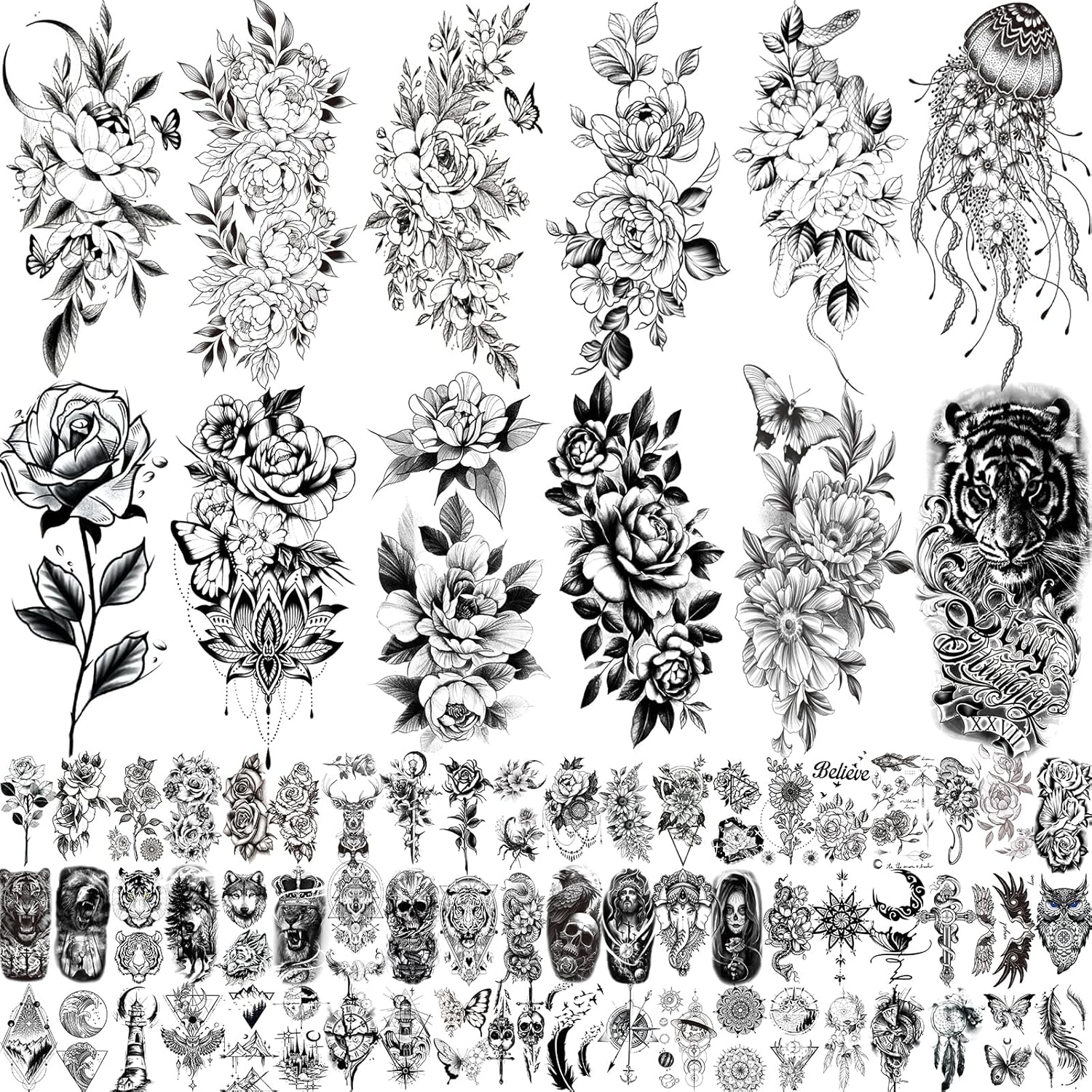 82 Sheets 3D Flowers Temporary Tattoos for Women Adult, Including 12 Sheets Large Fake Tattoos That Look Real and Last Long, Waterproof Rose Moon Butterfly Tiger Snake and Flowers Tattoos