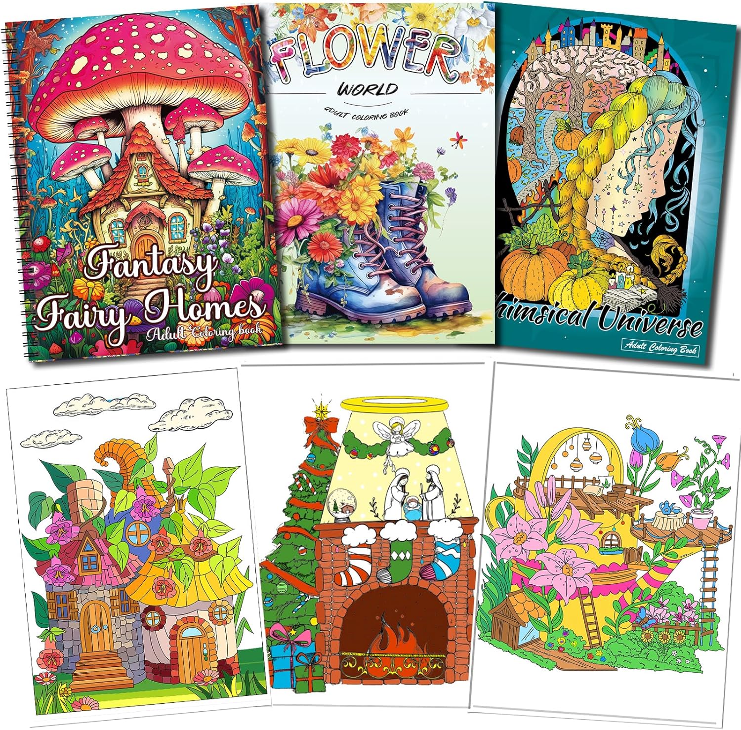 Kalysky 3 Pack Adult Colouring Books, Mindfulness Colouring Books for Adults, Themes Include Flower World, Whimsical Universe, Fantasy Fairy Homes for Stress Relief