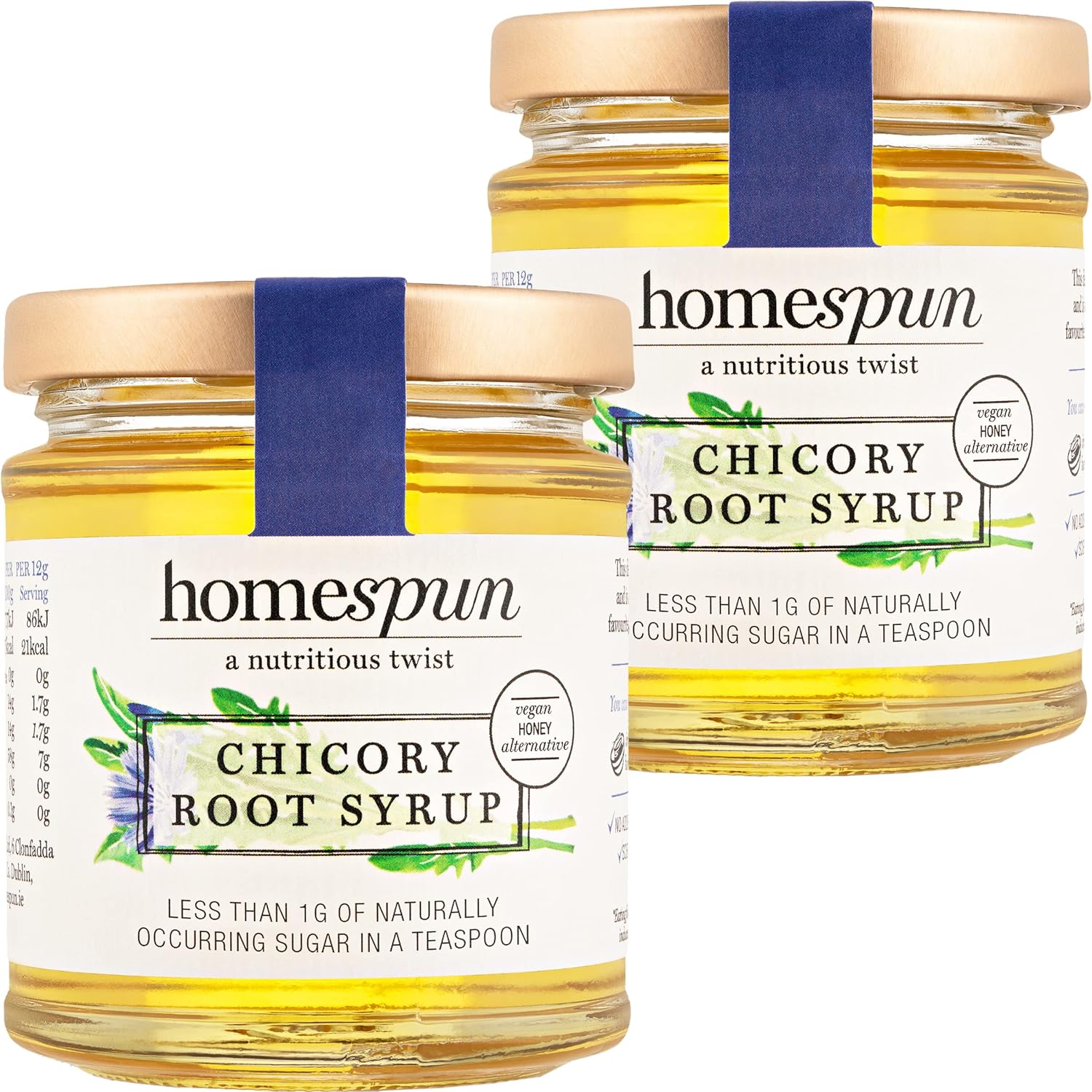 Homespun Chicory Root Syrup - Keto & Low Carb Sweetener - Low Sugar, Vegan Honey - High in Prebiotic Fibre - Diabetic Friendly, Low GI Natural Sweetener - Plant Based - 2x 200g Glass Jars