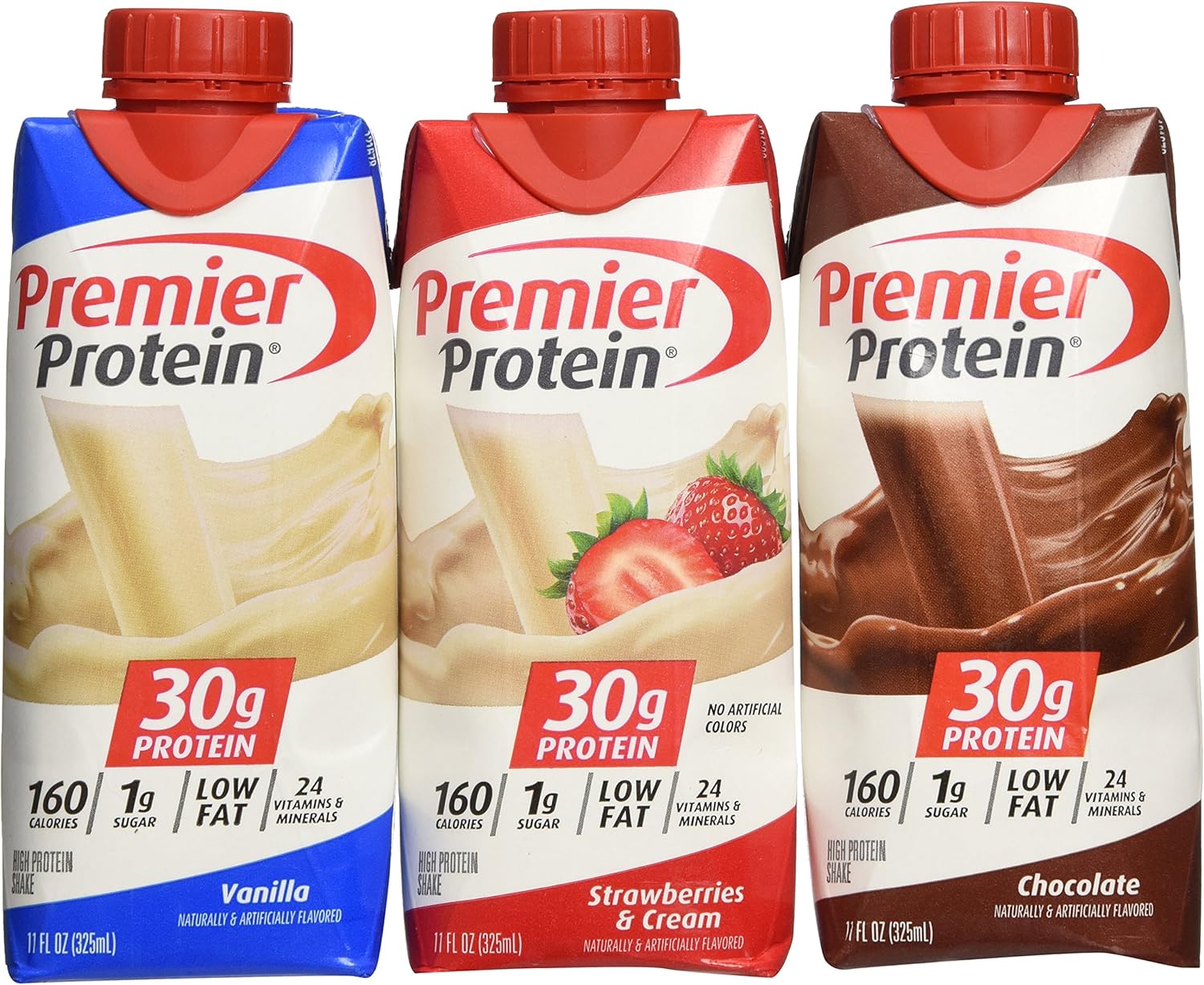 Lot of 12 Premier Protein 30g High Protein Shakes 11 Oz. Variety Pack Contains Chocolate, Vanilla & Strawberries & Cream