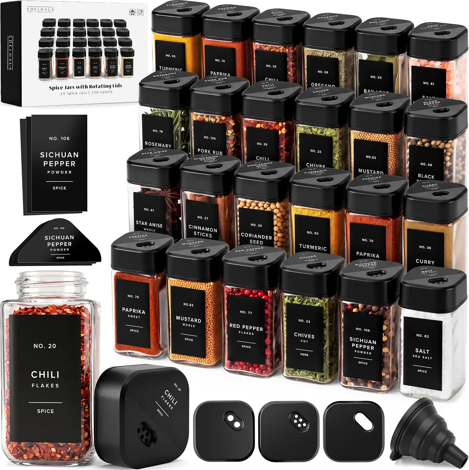 EDELHAUS Glass Square Spice Jars with Label, 24x Black Sprinkle Lids