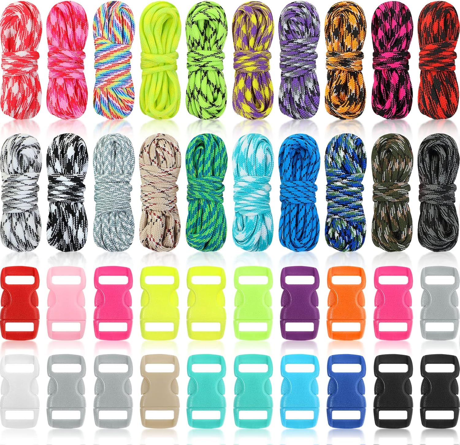 Shappy 20 Set Paracord Kit 550 Paracord Survival Ropes Bracelets Outdoor Tent Rope Parachute Cord Combo Crafting Kits with 20 Buckle for DIY Bracelets, Key Rings, Dog Leads(Vivid Color)