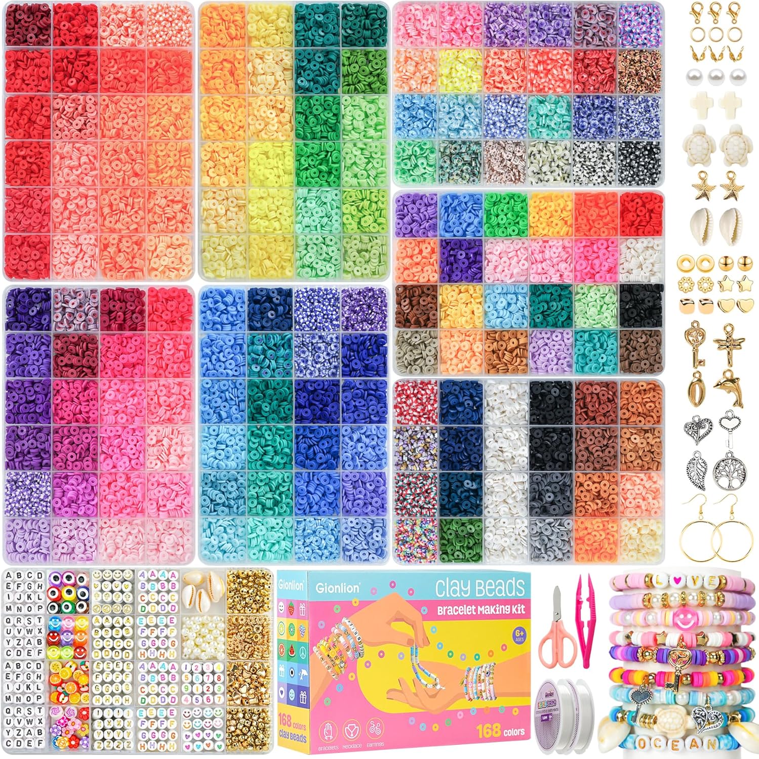 Gionlion 30,000 Pcs Clay Beads Bracelet Making Kit, 168 Colors 8 Boxes Flat Preppy Beads for Friendship Bracelets, Jewelry Kit with Pendant Charms Elastic String Crafts Gift for Adults Kids 6+