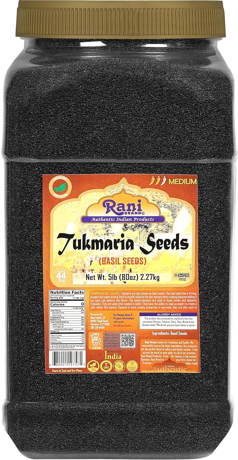Rani Tukmaria (Holy Basil Seeds) 80oz (5lbs) 2.27kg PET Jar Used for Falooda / Sabja Dessert, Spice & Ayurveda Herbal ~ All Natural | Gluten Friendly | NON-GMO | Kosher | Vegan | Indian Origin
