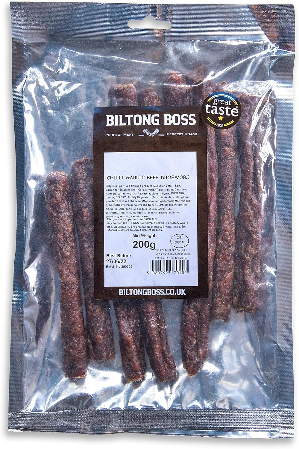 Biltong Boss Chilli Garlic Droewors, Authentic Traditional Recipe, Ready To Eat Flavoured Meat High Protein Snack, Suitable For Paleo, Keto, Atkins Diets & Post-Workout, Low Sugar & Carbs, 200g