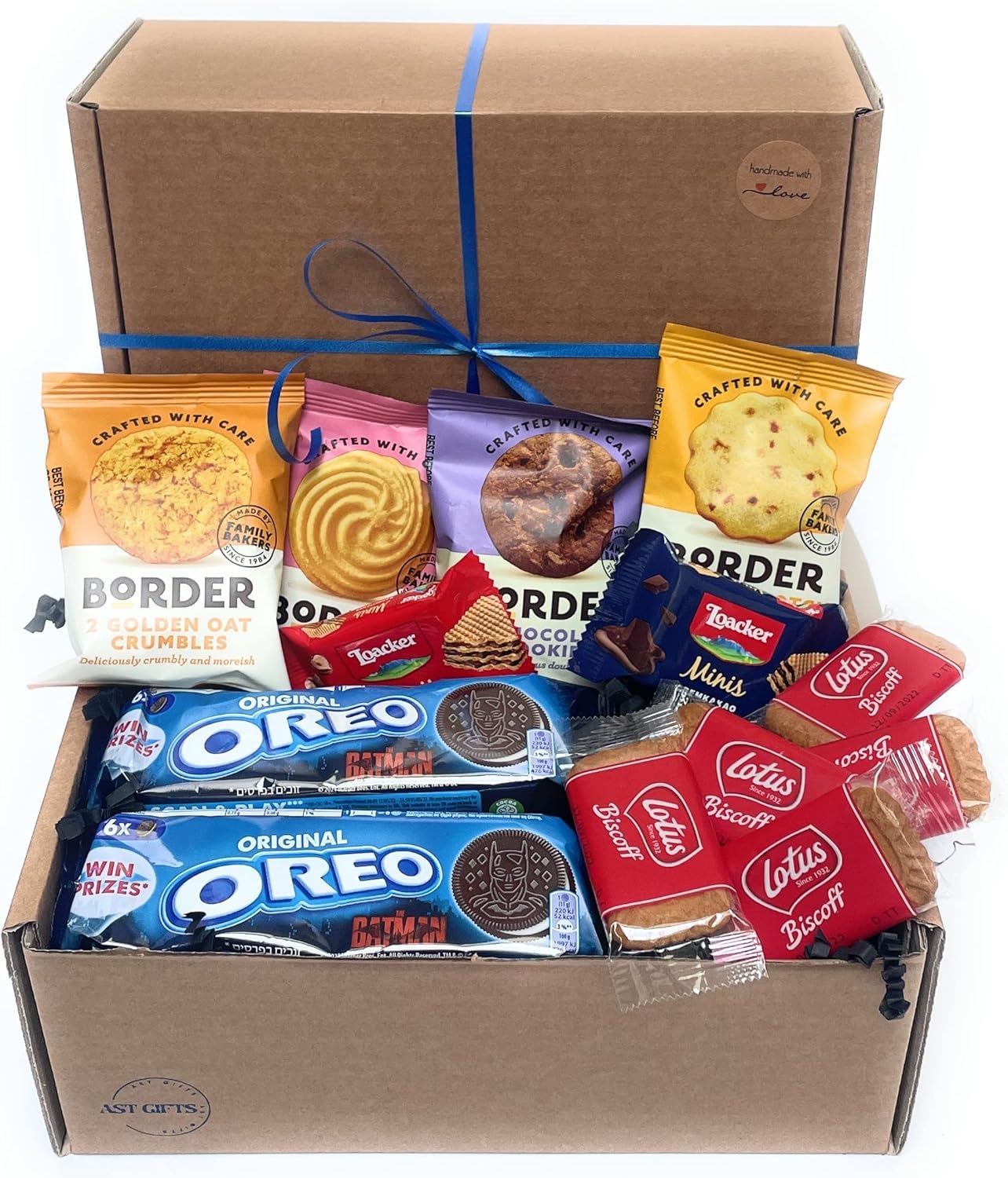 AST GIFTS Hamper Treat Box has 4 Packs of Border Biscuits, Lotus Biscoff Biscuits, Oreos and wafers. an Ideal Afternoon Tea Gift Basket of Munchies for All Occasions