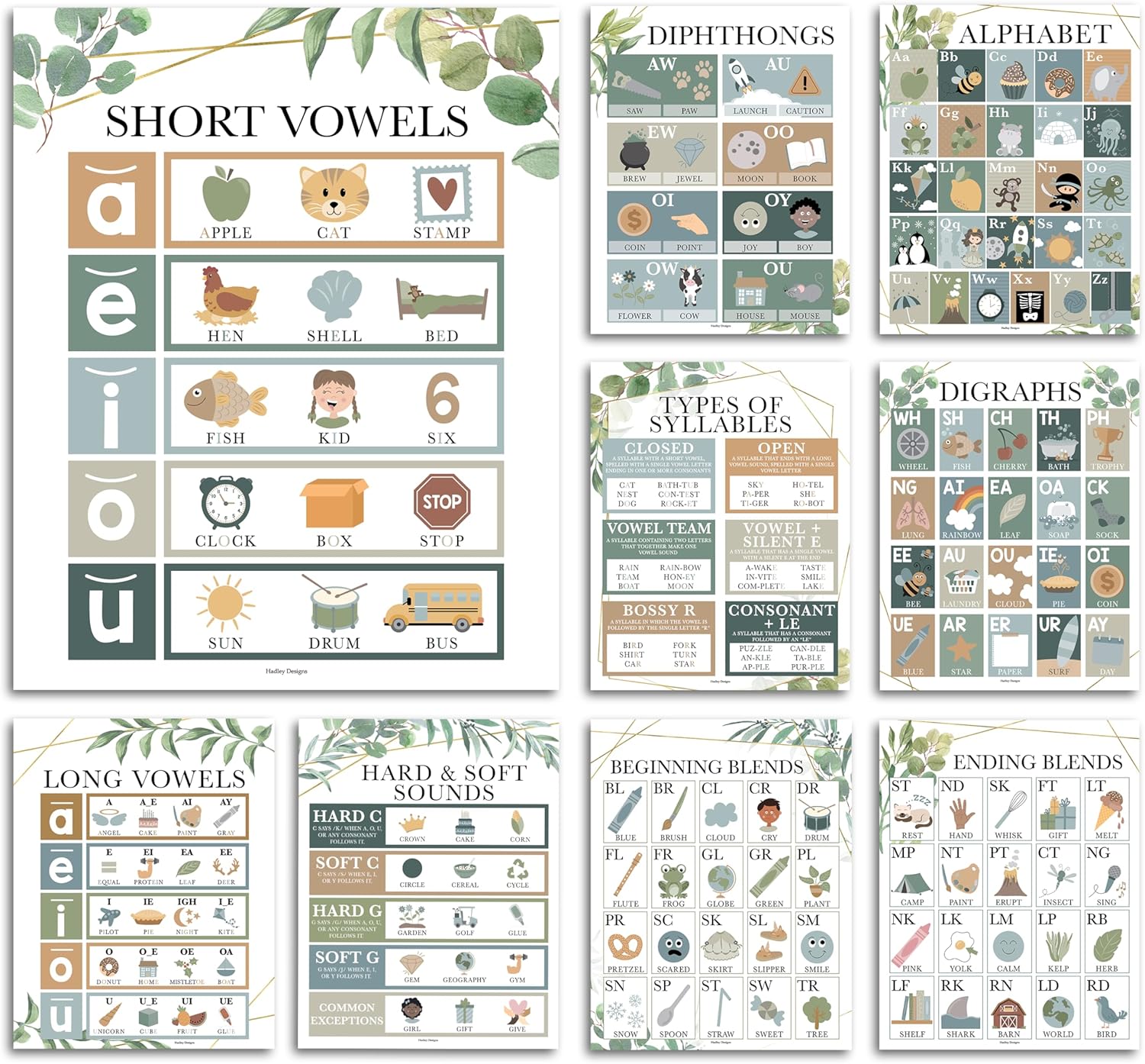 Sound Wall Classroom Phonics Posters - Syllable Types Posters For Classroom Decor, Long and Short Vowel Sounds Chart, Digraphs and Blends Poster, 9 Greenery Sound Wall Bulletin Board Set