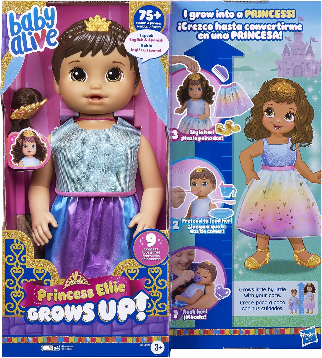 Baby Alive Princess Ellie Grows Up! Brown Hair, Interactive Doll with Accessories, Toys for 3+ Years Old Girls and Boys, 18-Inch