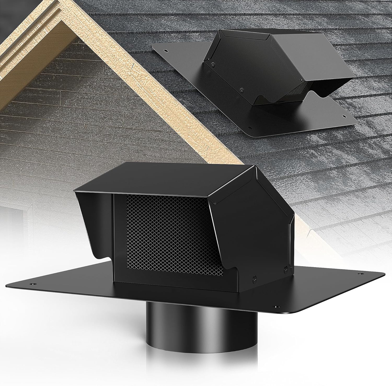 4 Inch Roof Vent Cap Bathroom Exhaust Roof Vent with Damper & Sealed Screen, Removable Ventilation System for Dryer with Bottom Extension Pipe, Black Surface Coating, Waterproof (4 inch)