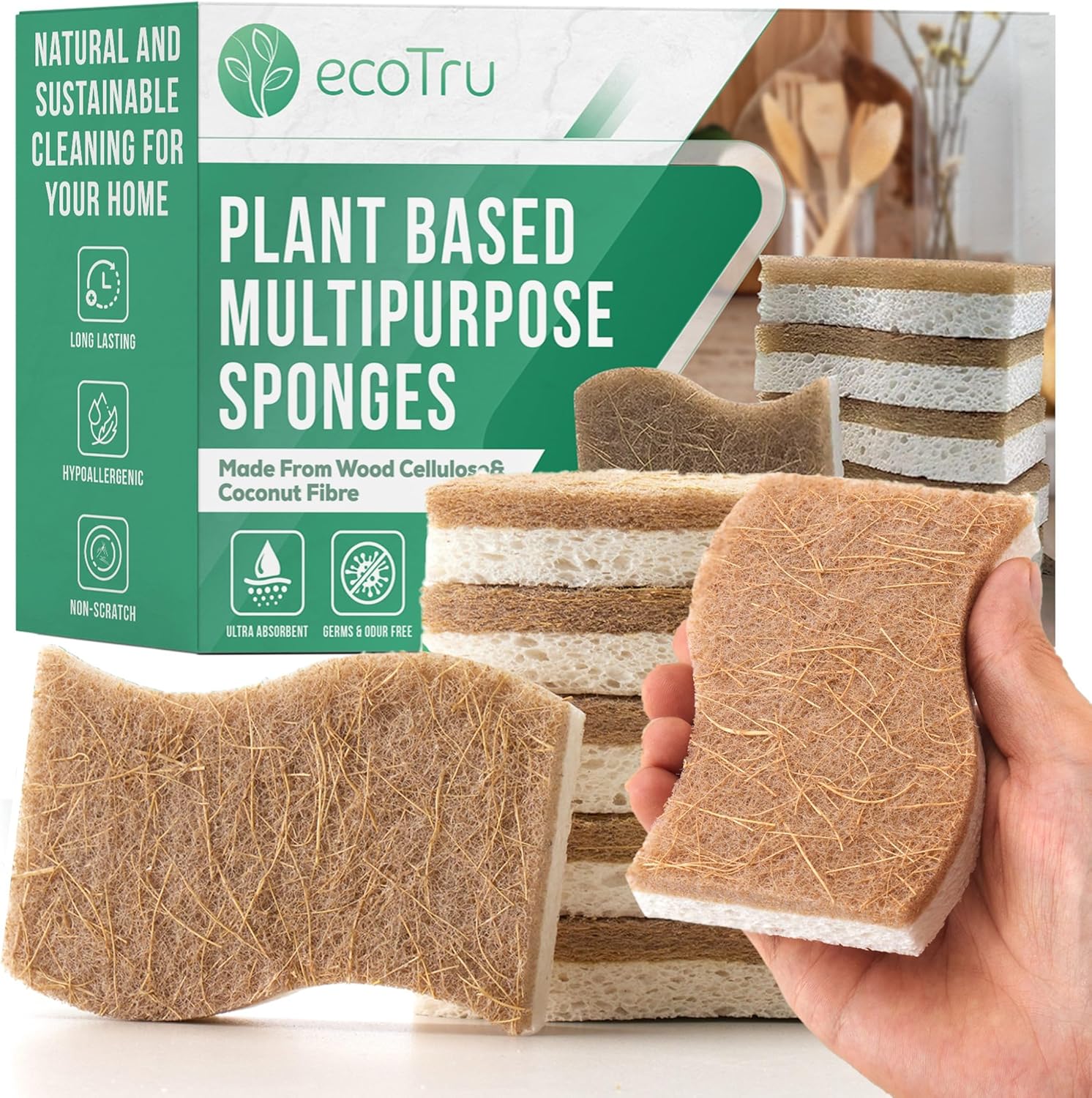 ecoTru 6 Pack Natural Washing Up Sponge, UK Brand Eco Friendly Kitchen Dish Cleaning Sponges, Compostable Cellulose & Coconut Eco Sponges & Scourers, Biodegradable Non Scratch for Heavy Duty Scrubbing