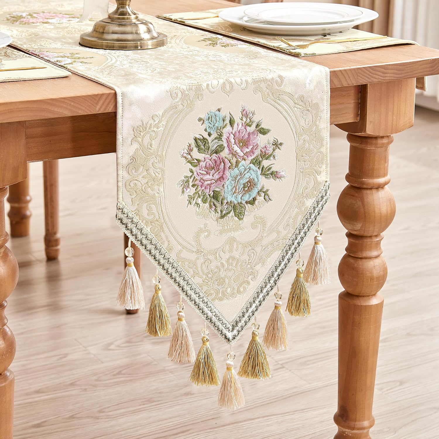 Table Runner with Tassels, Floral Table Runner for Dining Room/Restaurant/Banquet/Festival Decoration (33x180cm, Beige)