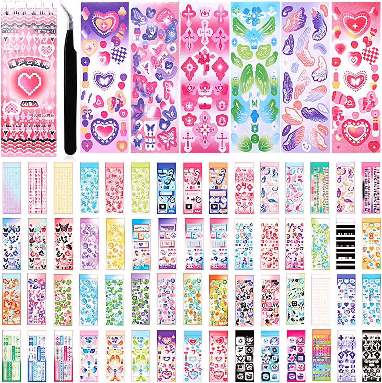 1200Pcs Korean Stickers for Photocards Deco Stickers Kpop Book Aesthetic Toploader Sticker Glitter Butterfly Heart Ribbon Flower Alphabet Cute Scrapbook Sticker for DIY Card Art Craft 60-Page